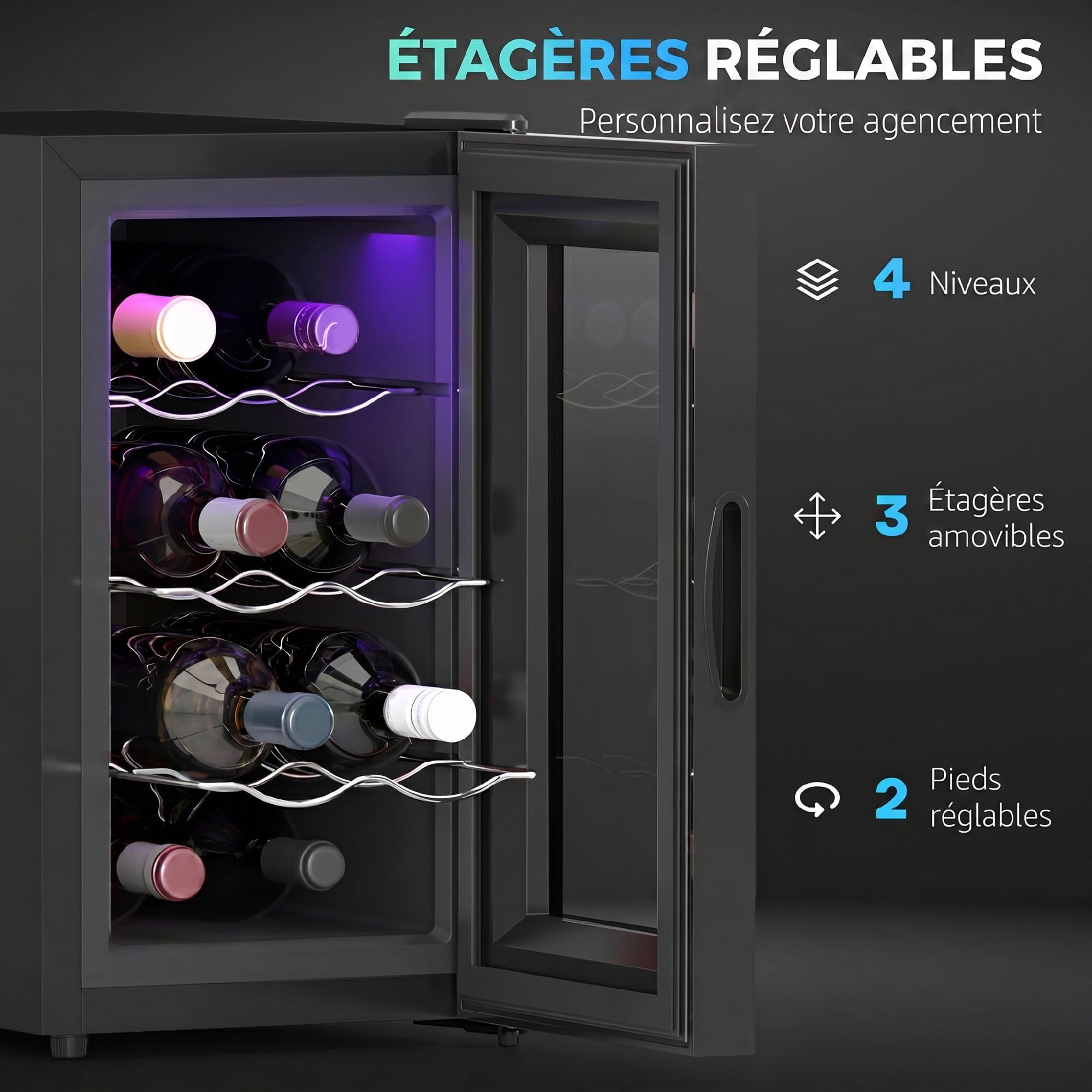 HOMCOM Cave à Vin 8 Bouteilles 21L, Réfrigérateur à Vin avec Température Réglable 8-18°C, Porte en Verre Trempé Anti-UV, Noir