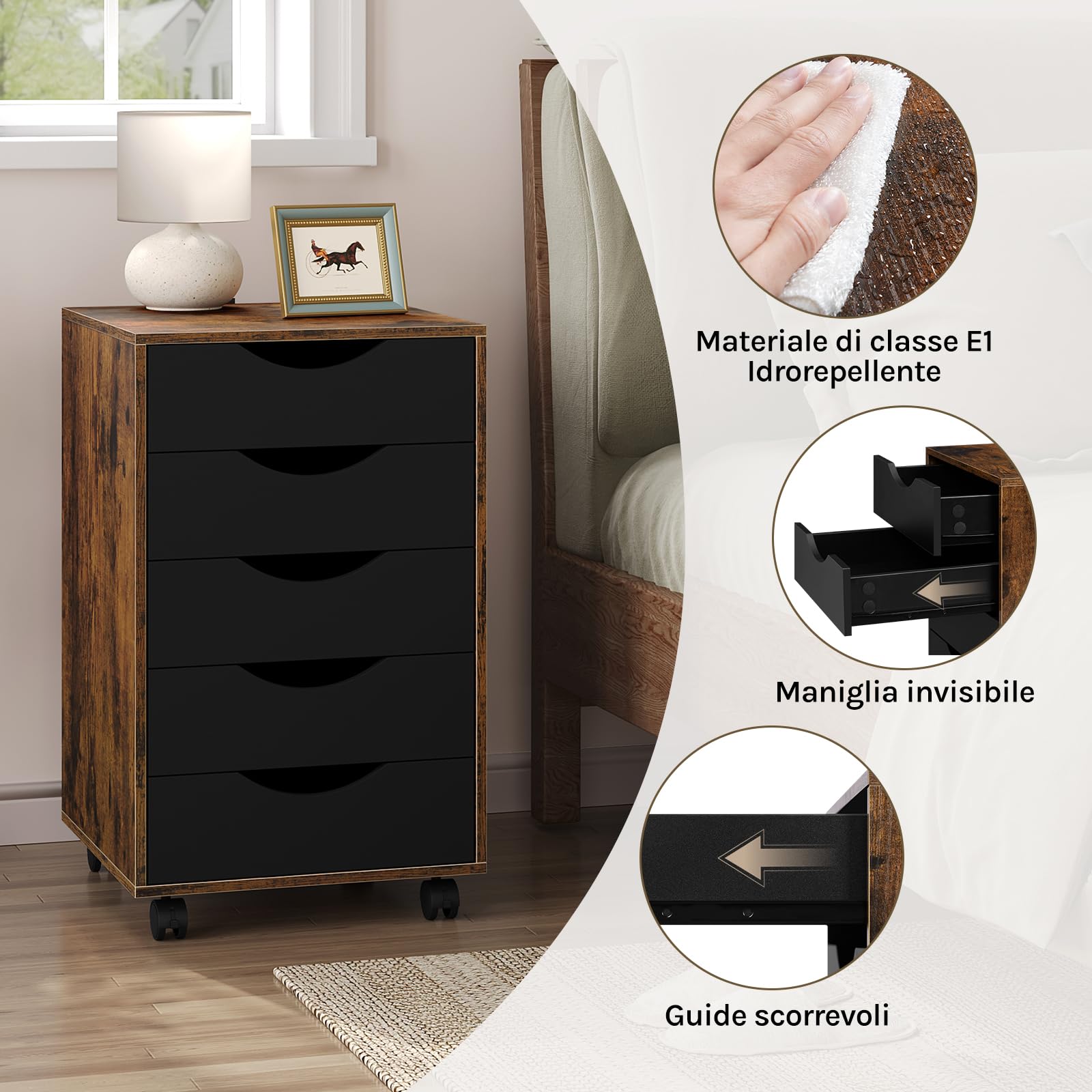WOLTU Scrivania a Piedistallo con 5 Cassetti, Schedario Rotante, Comodino, Mobile per Ufficio, Camera da Letto, in Legno Ingegnerizzato PB, Marrone Rustico, 40x40x66,5cm