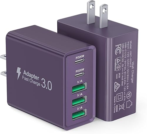 Miniatura 11 de [Paquete de 2] Cargador de pared USB C, 60 W, 5 puertos PD rápido, bloque de carga USB C, 2 USB C + 3USB A enchufe multipuerto, adaptador de blanco