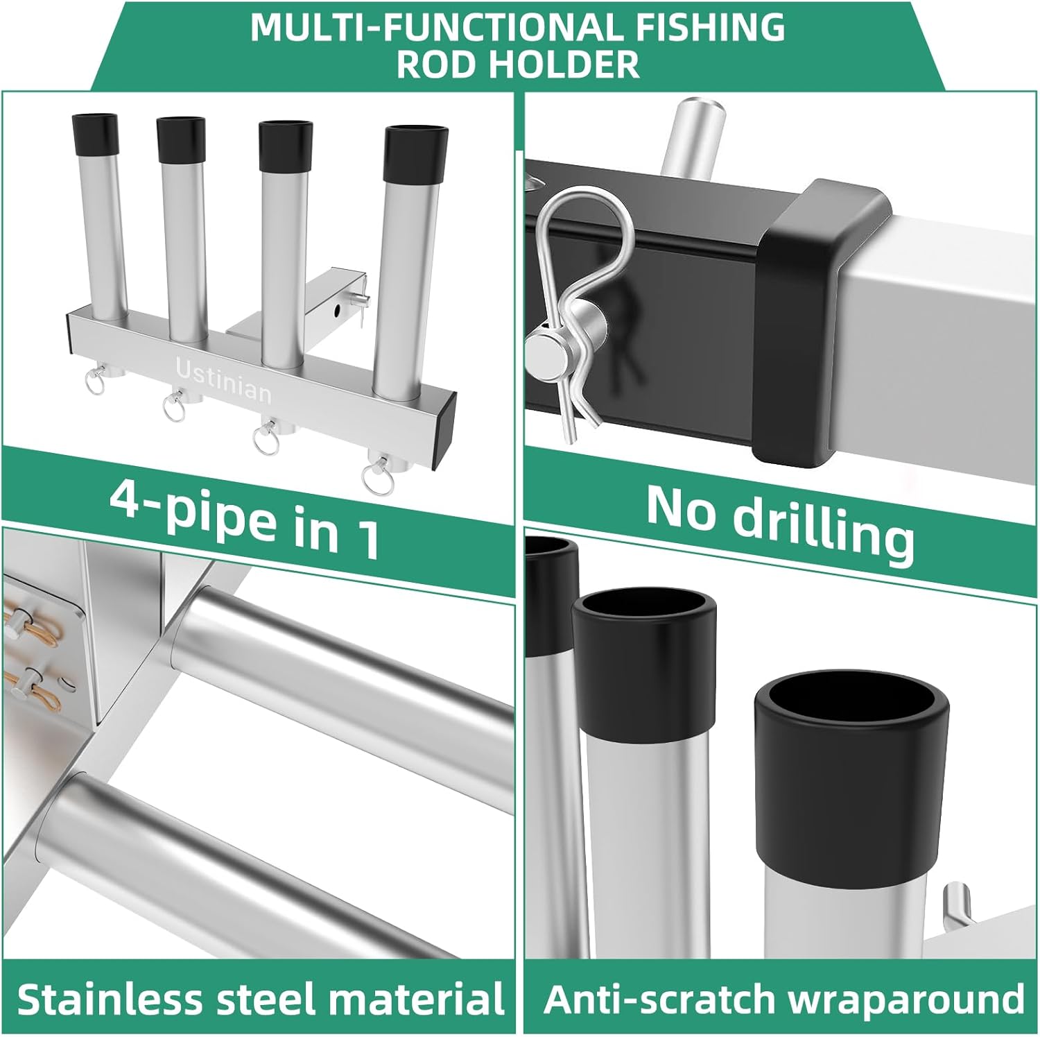 Stainless Steel Fishing Rod Holder Stainless Steel Fishing Pole Holder 4 Link Tubes, 2" Trailer Hitch Receiver & Quick Release Pin, Adjustable Truck Hitch Mount Fishing Rod Holder
