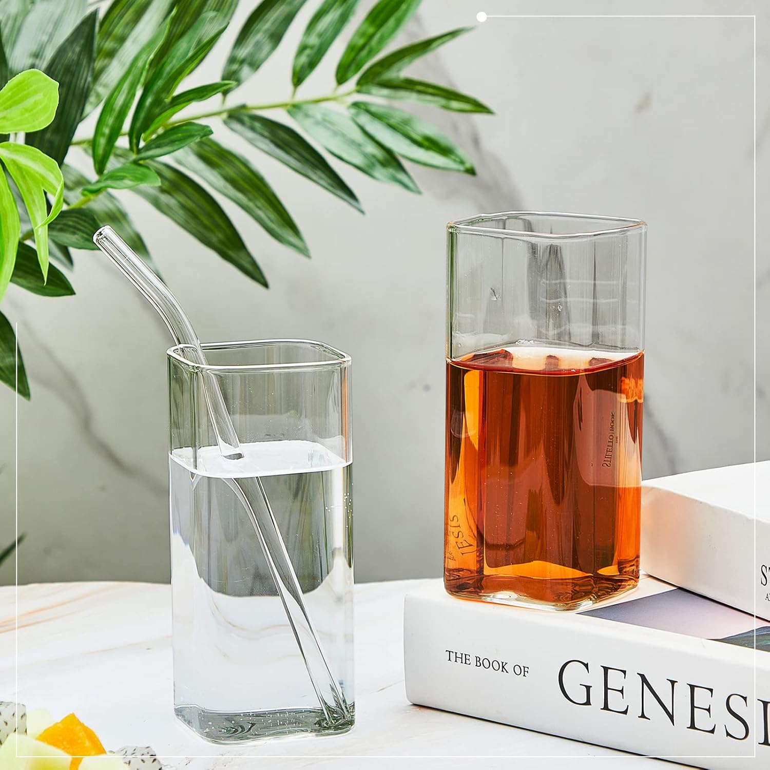 Sumind Set of 6 Square Drinking Glasse, Square Glass Cup 13 oz, Modern Highball Glassware Set, Thin Cocktail Glasses with Straws and Straw Brushes for Cocktail Coffee Water Juice Beer Drink Tumbler - Image 4