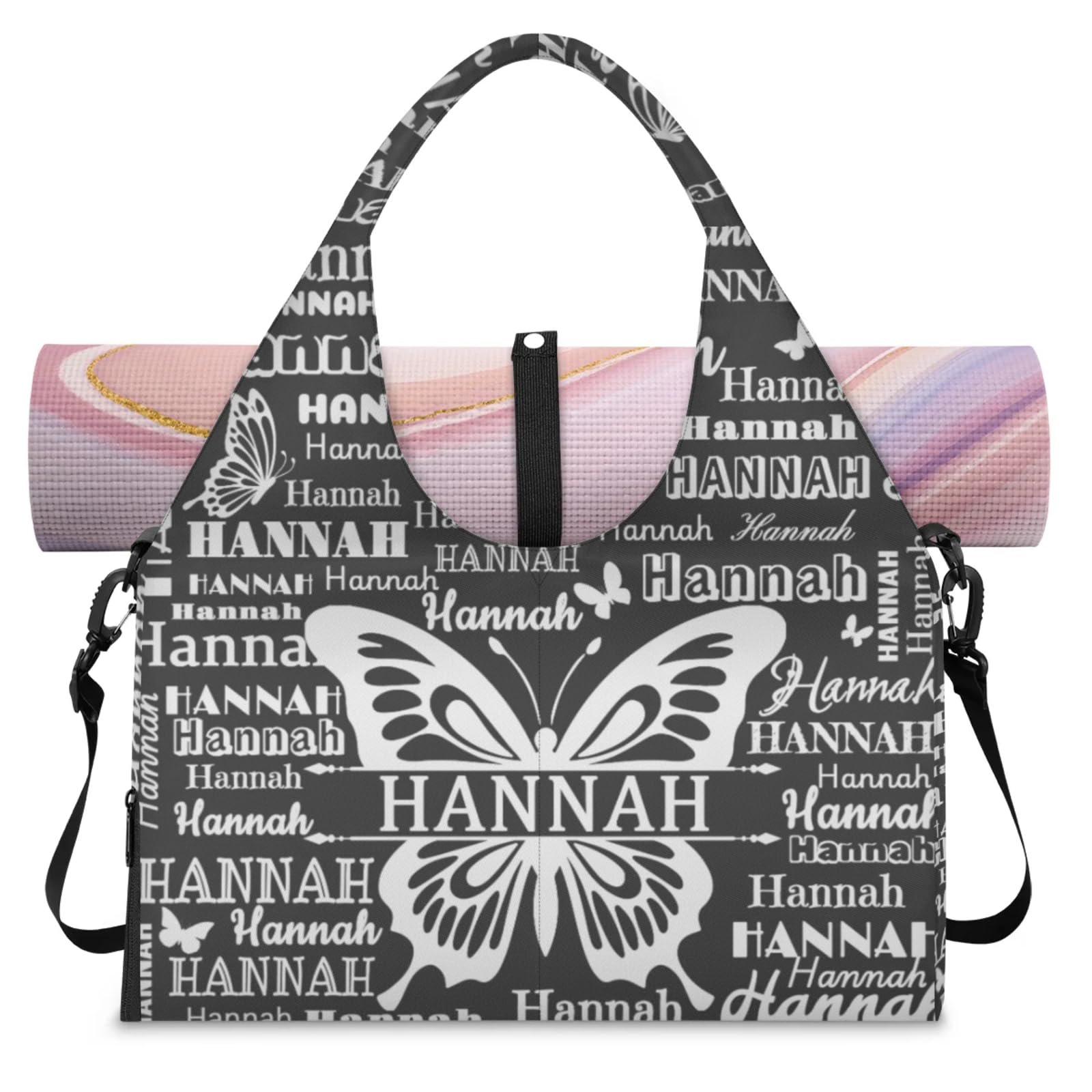 KOBLEN Custom Yoga Gym Bags for Women Personalized Duffel Bag with Shoe Compartment and Yoga Mat Portable Weekender Bags for Pilates Travel Offices Workout Beach Black