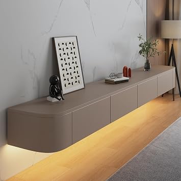Floating TV Stand Cabinet wall mounted Khaki Floating tv Shelves with LED light & Doors & Drawer Modern Media Entertainment TV Console Storage TV Unit for Living Room 140cm/55in
