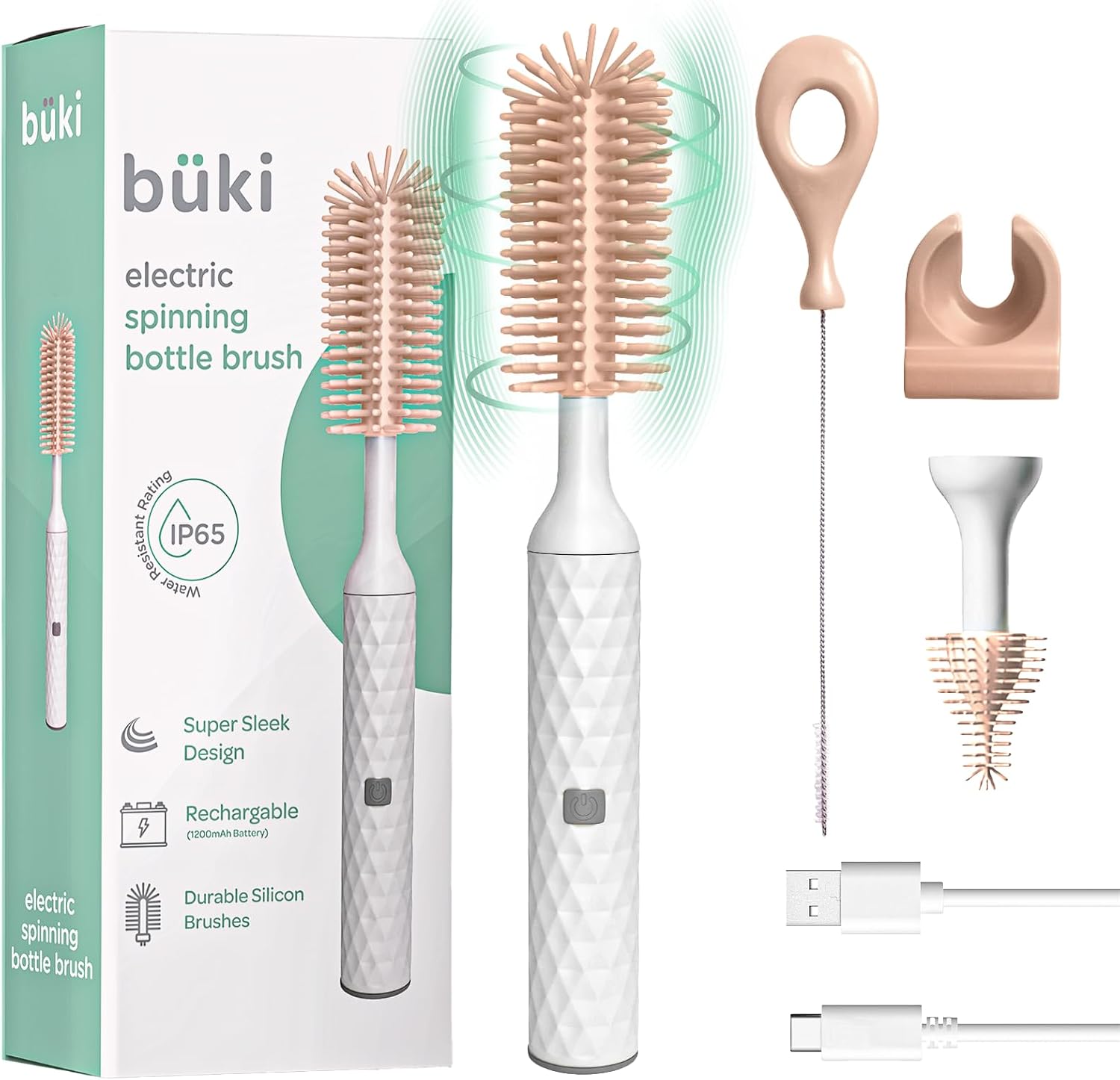 Büki Electric Baby Bottle Cleaning Brush Set - Rechargeable Electric Bottle Brush with Straw Cleaner - Water Bottle Cleaning Kit, Nipple Brush, 1200mAh Brush Cleaner (by Kindersense), Pink