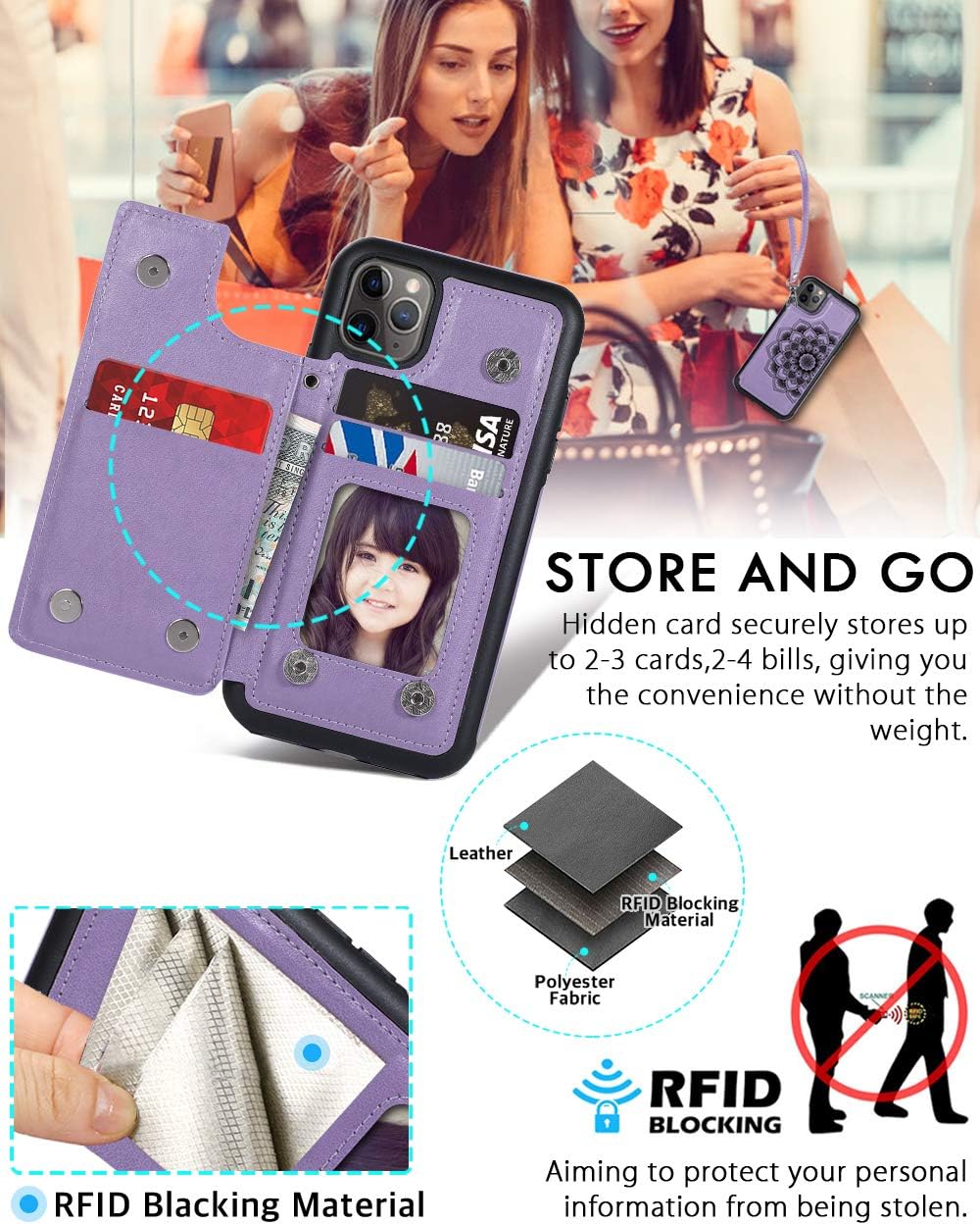 CASEOWL iPhone 11 Pro Max Case,Wallet Case with Card Holder,RFID Blocking,Kick Stand,Wrist Strap,Fit Magnetic Car Mount,Mandala Embossed Leather Back Flip Cover Case for iPhone 11 Pro Max(2019),Purple