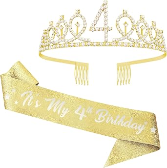 4th Birthday Sash and Tiara,#39;Its My 4th Birthday Glitter Sash & Gold Rhinestone Crown Set, Party Supplies for Girls