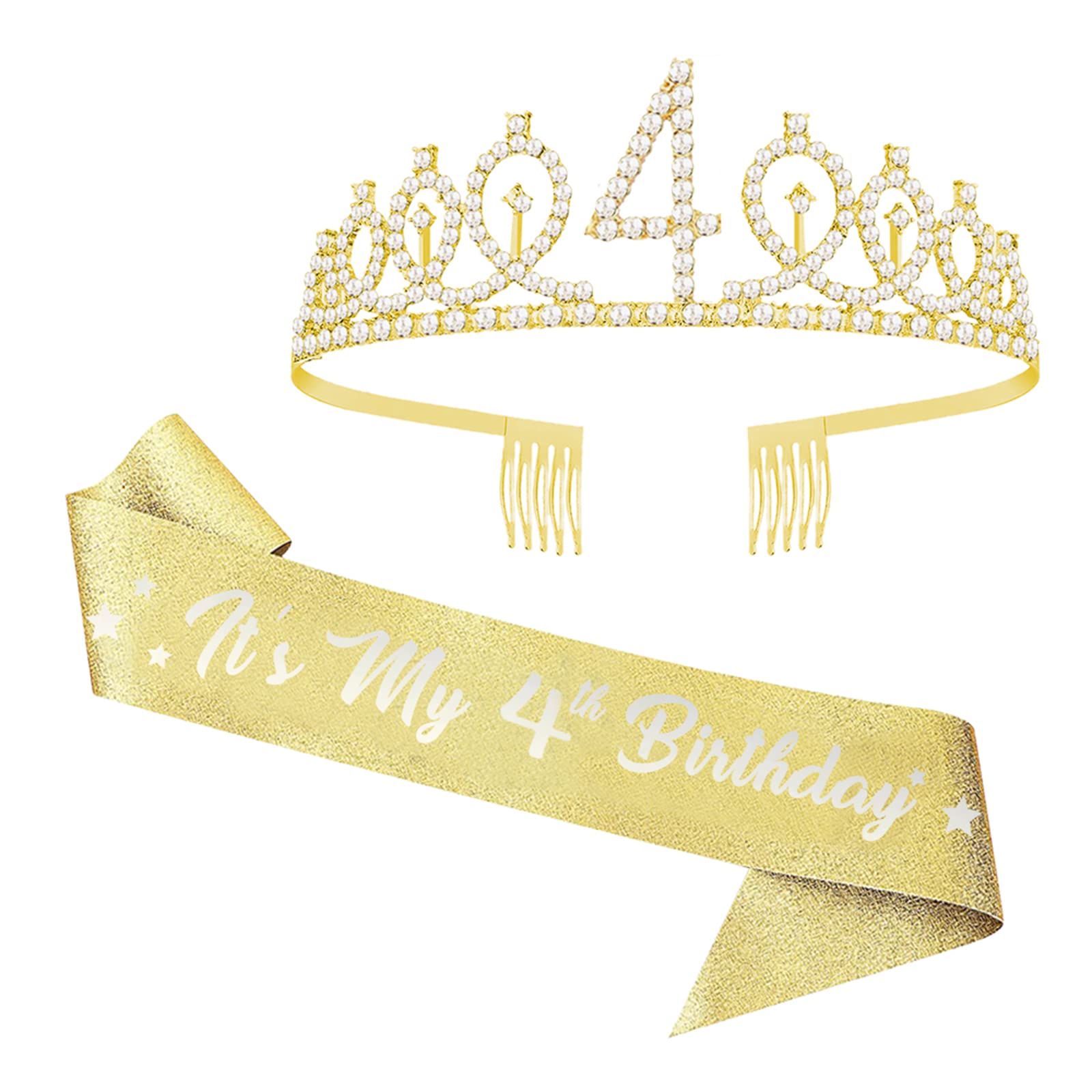 UVATAHONA 4th Birthday Sash and Tiara, 'It's My 4th Birthday' Glitter Sash & Gold Rhinestone Crown Set, Party Supplies for Girls
