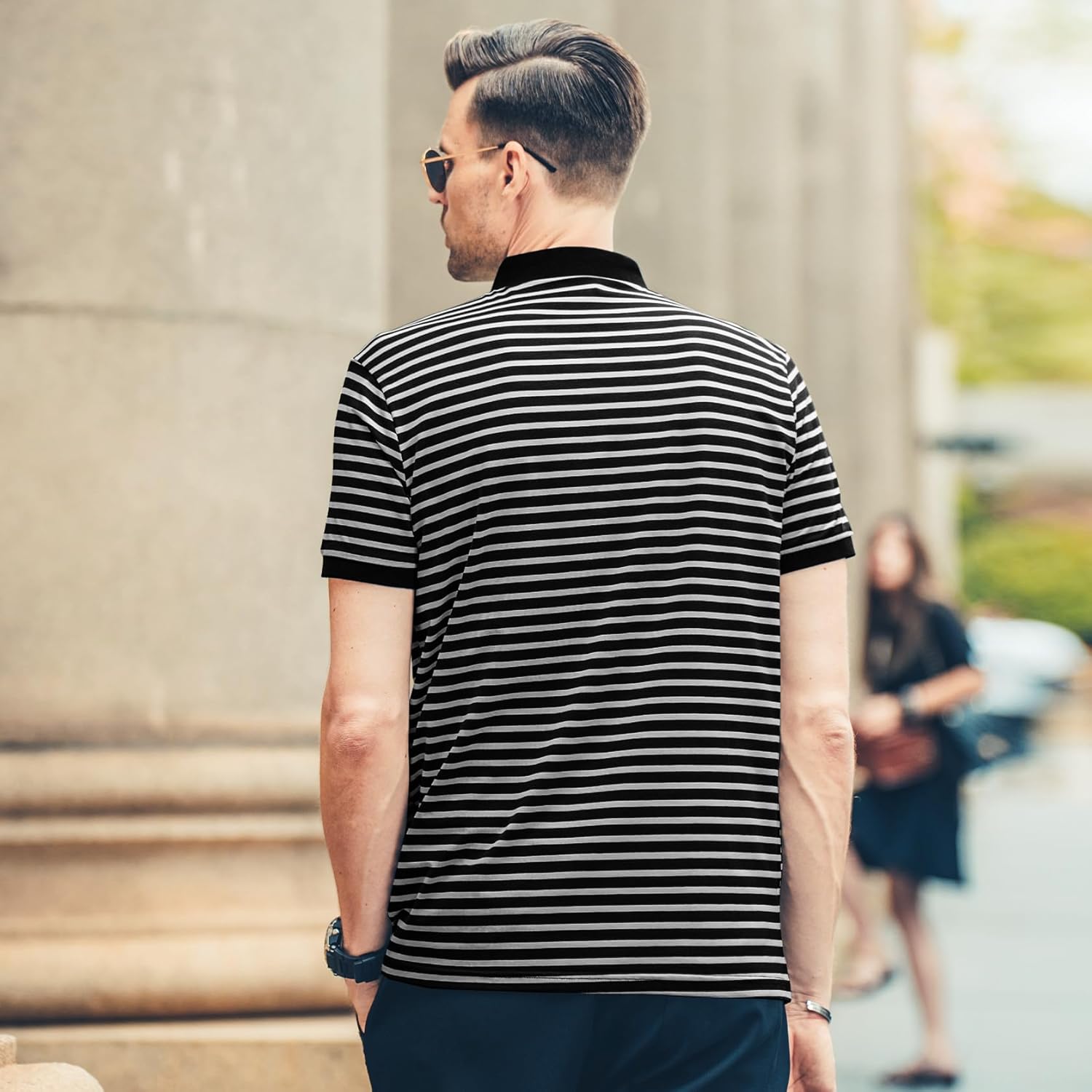 Men's Polo Shirts for Men Short Sleeve Striped Pique Cotton Polo Shirt Business Casual Layering Top - Image 2