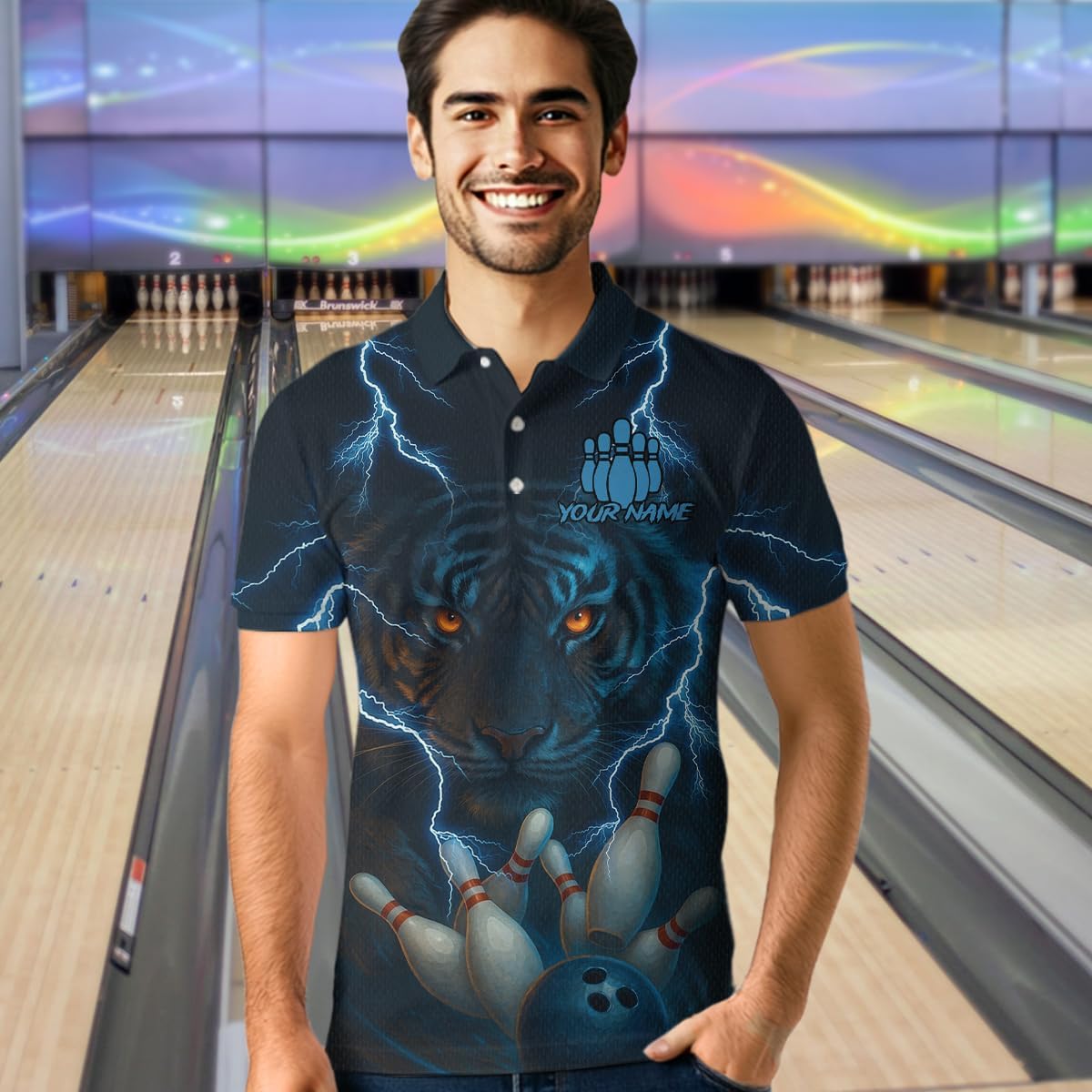 Tiger Bowling Shirts for Team Women Men Custom Bowling Jerseys Blue Lightning Bowling Polo and Quarter Zip Shirt Personalized