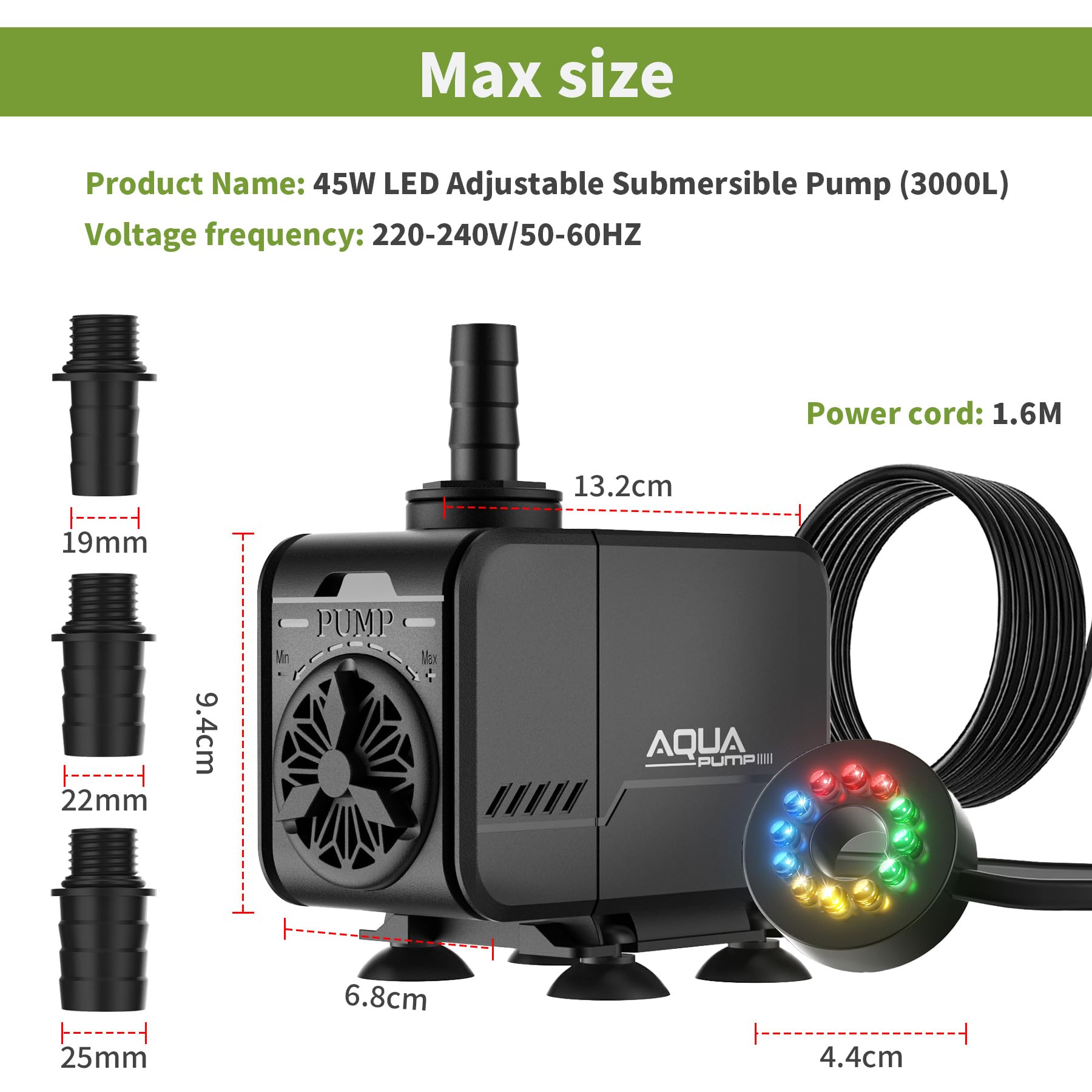 Forever Speed Aquarium Bomba de agua Bomba de estanque ajustable Bombas de buceo 3000L / H para acuario Teich Brunnen Jardín Acuario con 12 luces LED coloridas, Max Förderhöhe 3M