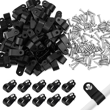 VIPMOON 100Pcs 5/16 Inch R-Type Cable Clamps, Nylon Plastic Cable Clips with Screws, Mounting Cord Fasteners for Electrical Wire Clamps Management, Black