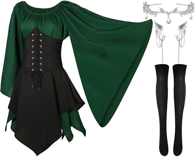 Haysandy 4 Pcs Women Elf Costume Renaissance Traditional Irish Dress Fairy Ears for Halloween Cosplay - Green, Black - X-Large