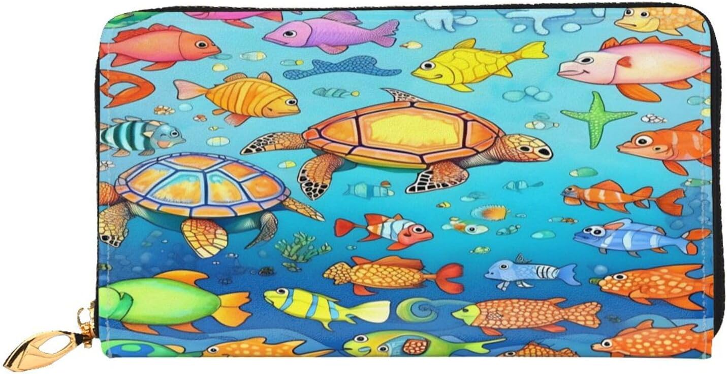 Turtle and Fish Long Zip Around Wallet for Women, Large Capacity RFID Leather Wristlet Wallet with 12 Card Slots Coin Purse, Fashion Clutch Purse with Wrist Strap