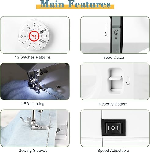 Miniatura 4 de Máquina de coser para principiantes, mini máquina de coser portátil con 12 puntadas integradas, máquina de coser eléctrica de mano resistente para