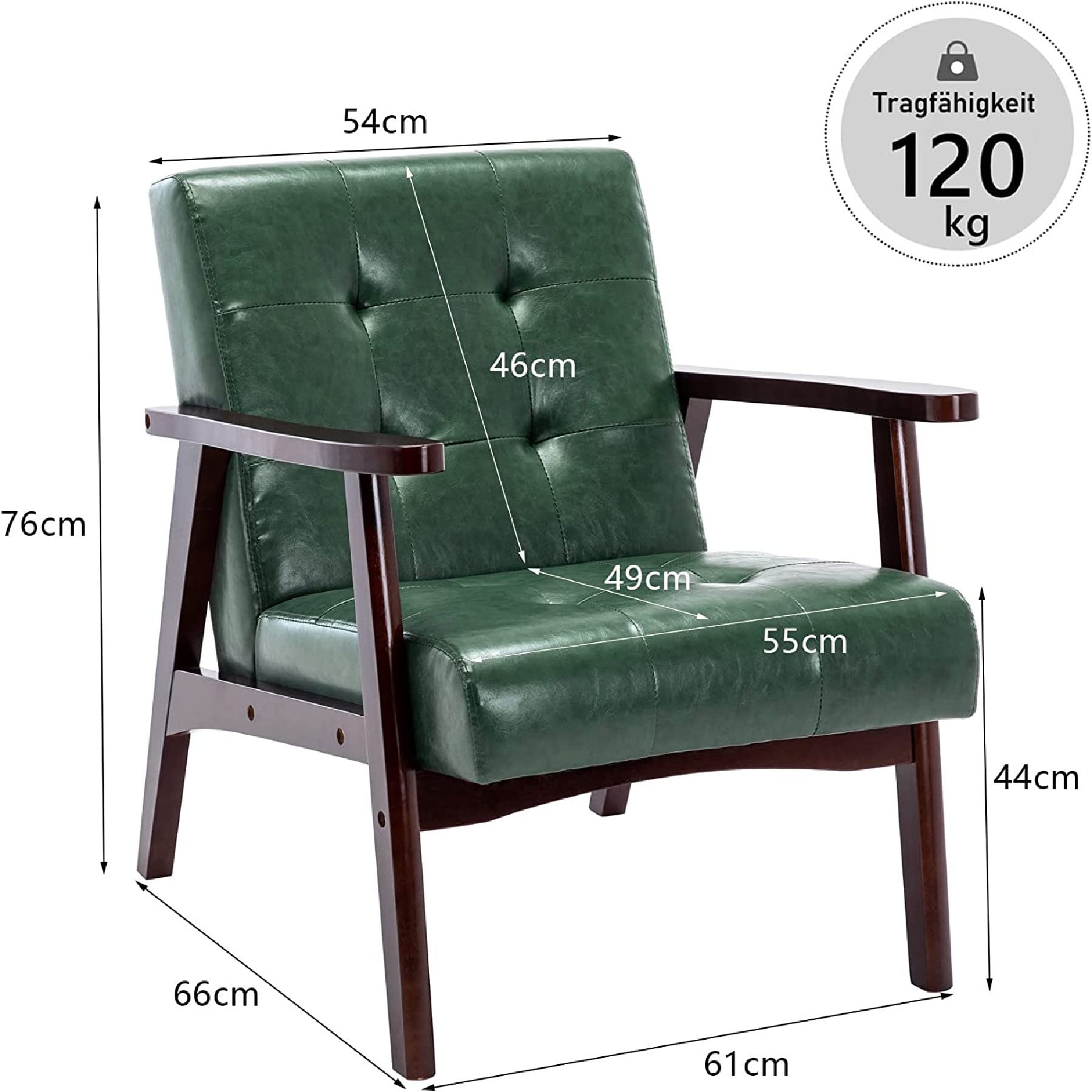 Retro Holzsessel Wohnzimmer Massivholz Gepolsterter Sessel Lounge Sessel mit Armlehnen mittelalterlicher Holzrahmen Designstuhl aus Kunstleder und Eiche für Schlafzimmer Café Balkon Grün
