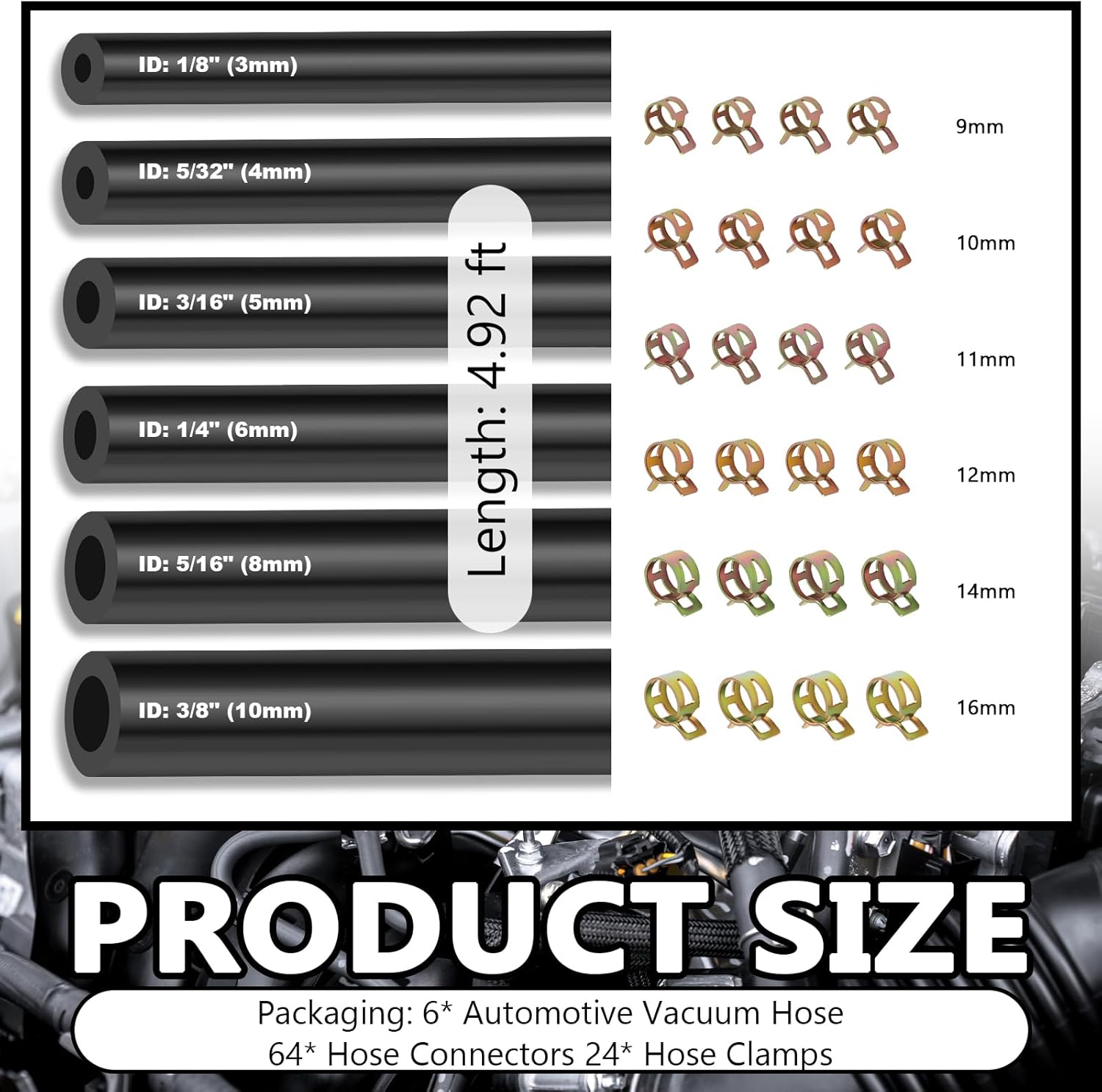 94PCS 5Ft Vacuum Hose Automotive Set,6 Sizes 3/8",5/16",1/4",3/16",5/32",1/8" Silicone Vacuum Lines Kit with 64 Connectors & 24 Clamps,High Temp Resistant Vacuums Hose Kit