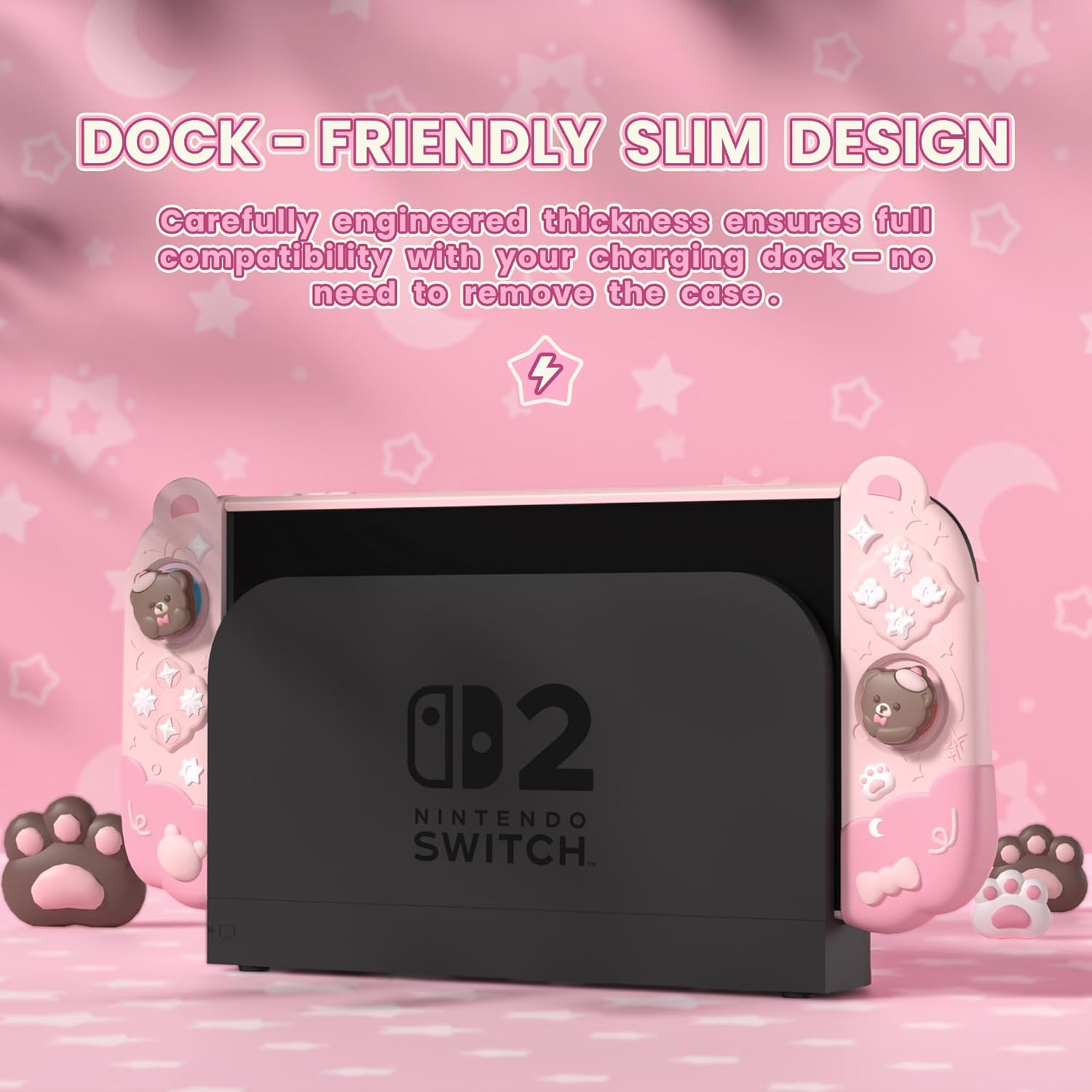 playvital Good Night Bear Dockable Case for Nintendo Switch 2 with Stand | Split Design Silicone Joycon Grips, PC Console Hard Shell, 2 Joystick Caps | Cute Protective Cover Bundle – Pink - Image 2