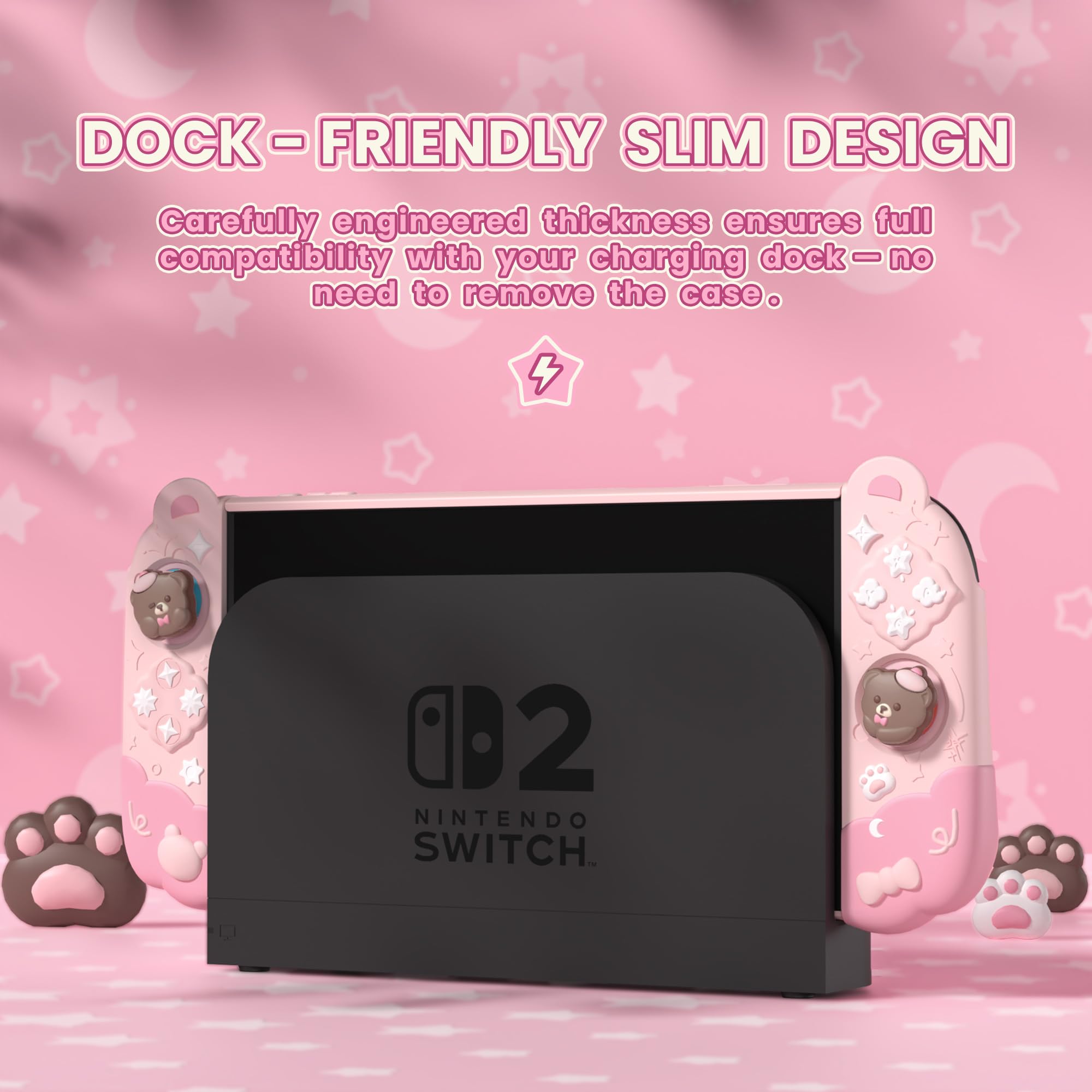 playvital Cover Dockable Rigida per Nintendo Switch 2 Console, Custodia Protettiva Silicone per Joycon 2&Supporto Regolabile Extra&Copri Analogici, Accessori Carini, Buonanotte Orso-Rosa