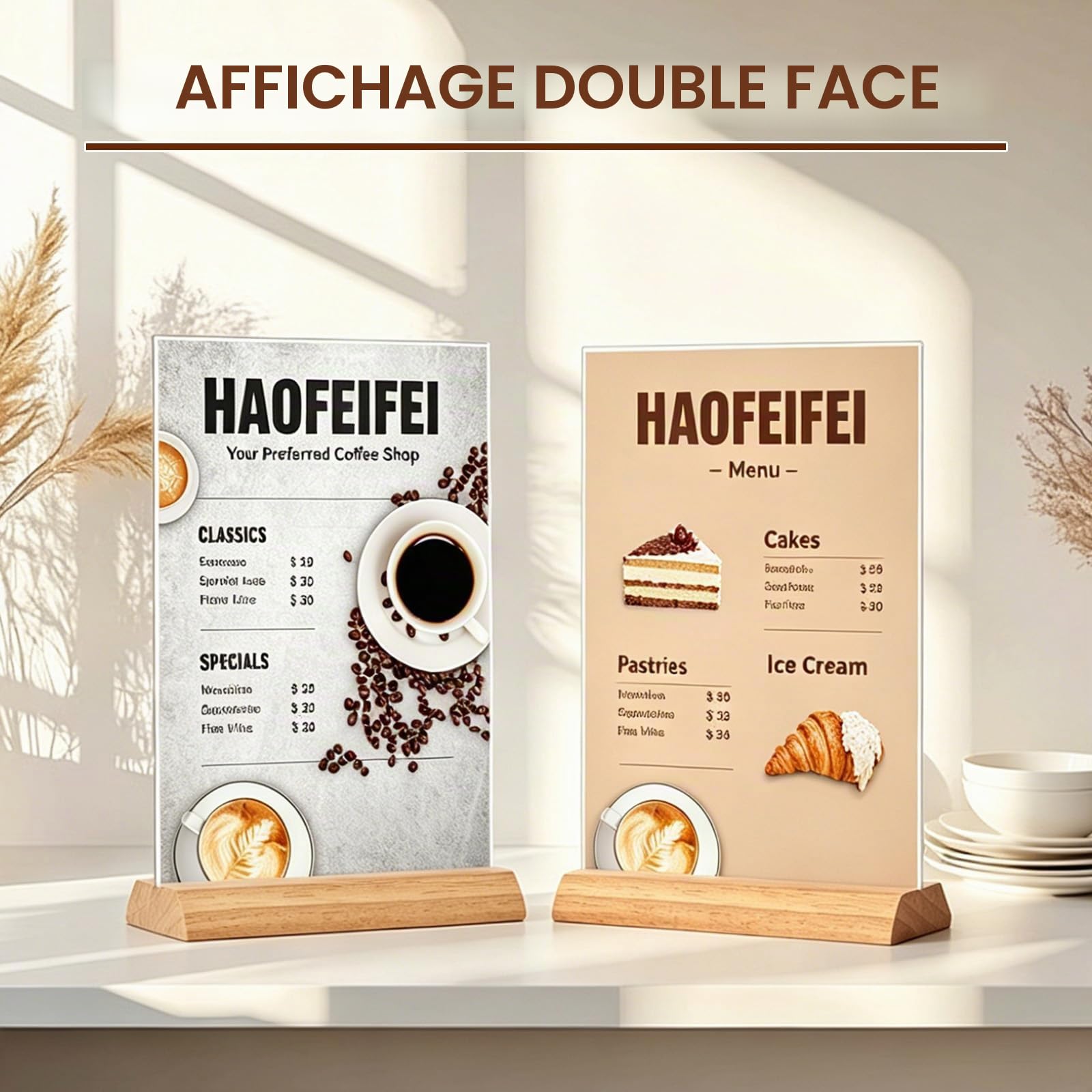 Lot de 5 Présentoir Acrylique A4 avec Socle en Bois, Porte-Menu A4 Double Face, Support Menu de Table T-Forme pour Restaurant Café Hôtel Bar, Insertion Facile Format Portrait