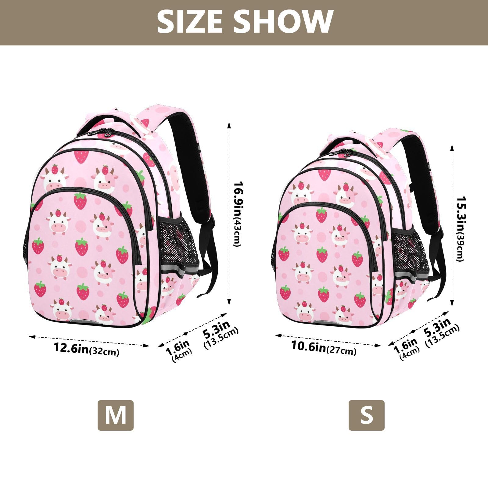 KLL Plecak na co dzień dla dzieci nastolatków nastolatków torby szkolne nastolatki dzieci plecak podróżny kawaii styl truskawkowy krowa różowy