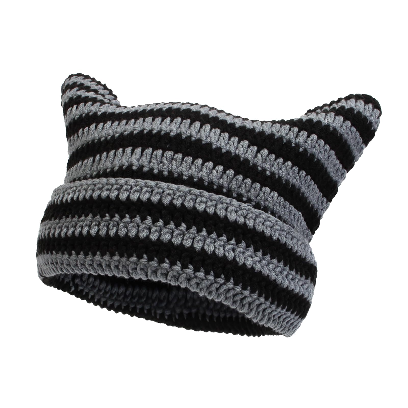 1PACK Striped Knit Cap, Striped Knit Hat Cat Ear Knitted Cap Beanies Hat Warm Beanie Hats Knit Beanie Thermal Soft Hats Black
