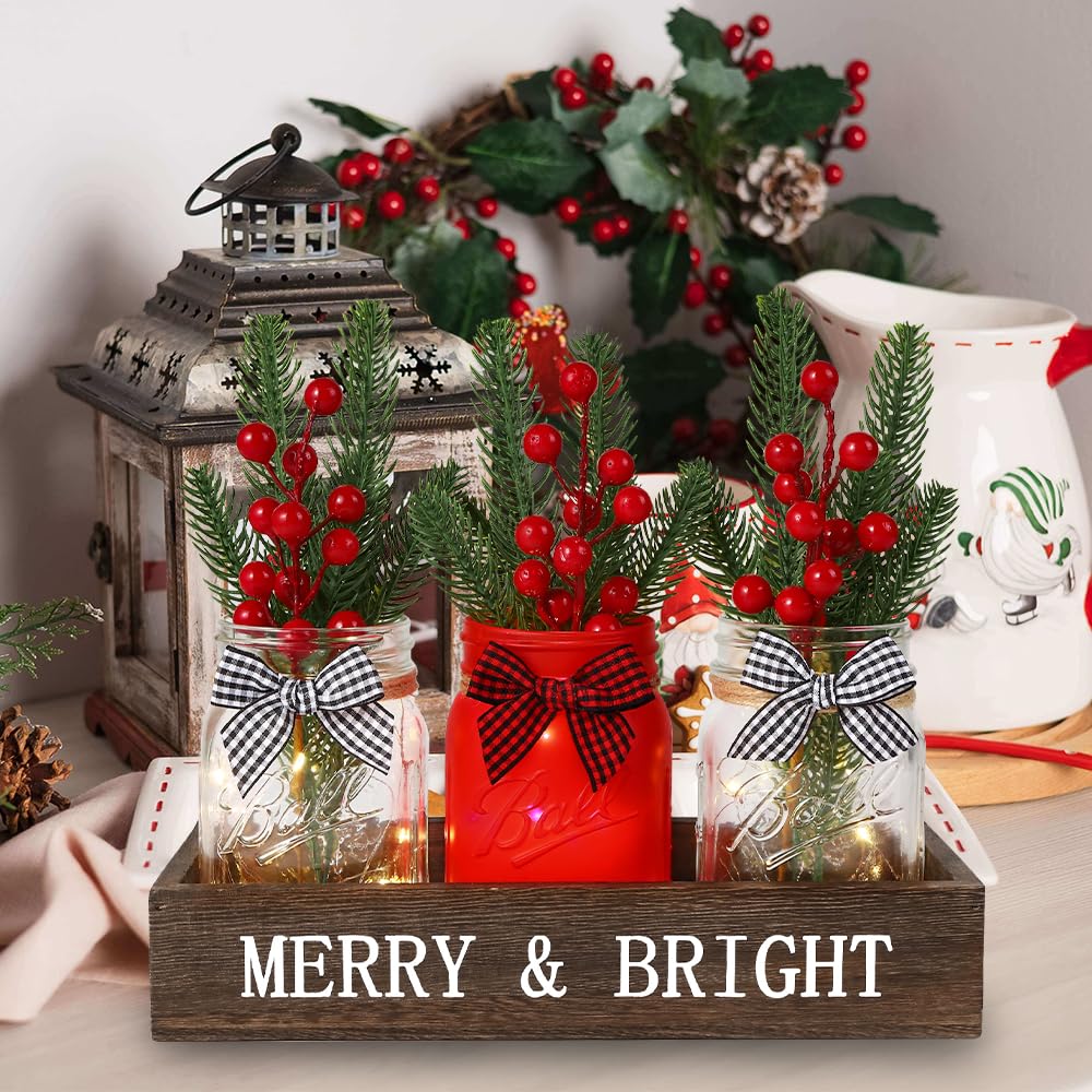 DIYDEC 3 barattoli decorativi natalizi da 7,6 x 12,7 cm, con vassoio in legno e fiori artificiali, ideali per l'inverno, le vacanze, la casa, centrotavola, decorazione regalo (rosso)