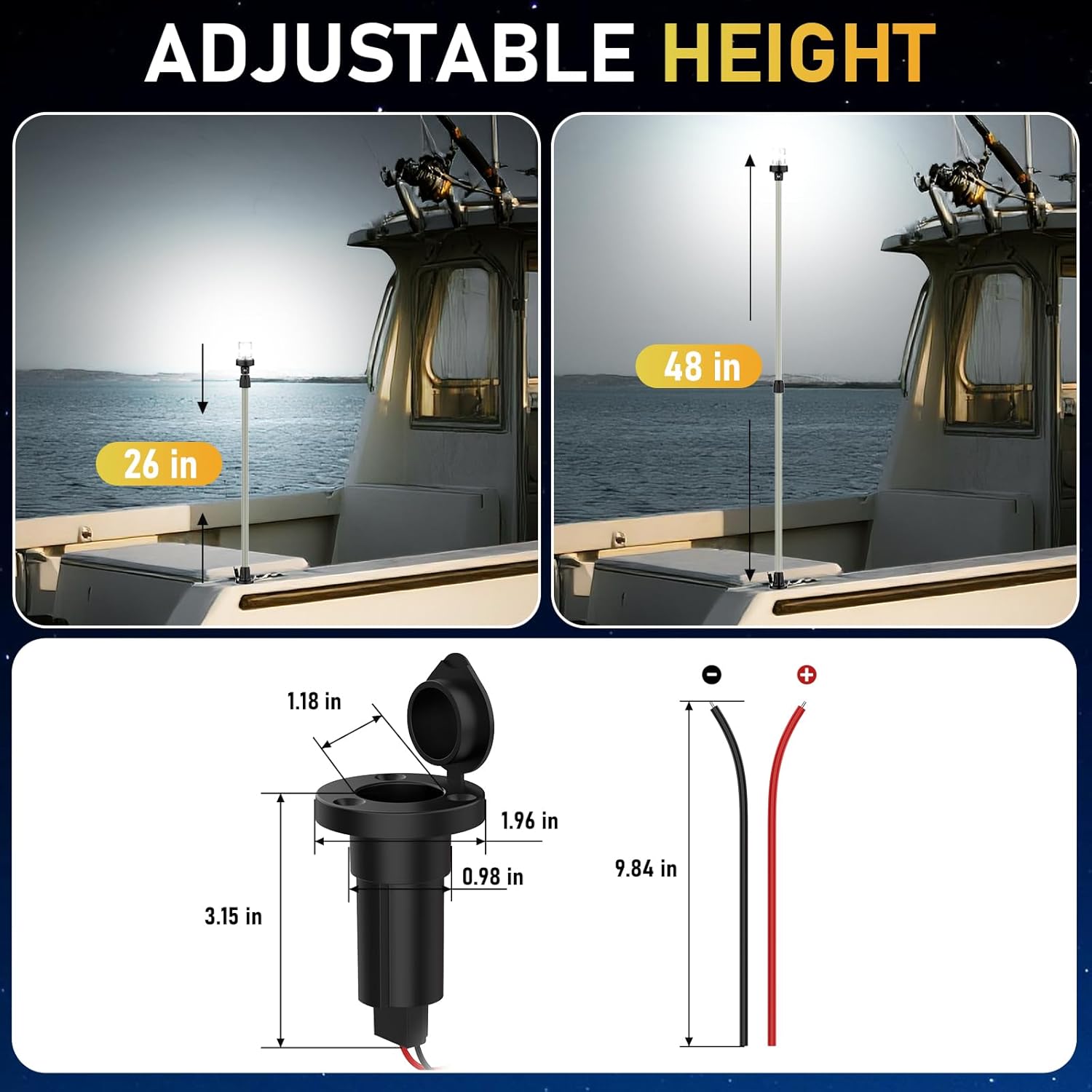 Stern Light Boat Anchor Light, 26"–48" Telescoping Pole Boat Lights with Base, Marine Navigation Lights for Boats LED, for Pontoon, Fishing, Bass & Jon Boats, 12–24V (Silver)