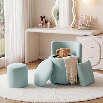 FOXHUNTER Vanity Stool with Storage, Ottoman and Pillow, Mint Green | Velvet, 20L Hidden Storage Space, 360Swivel Vanity Chair With Back, Makeup Chair for Living Room, Makeup Room, Bedroom