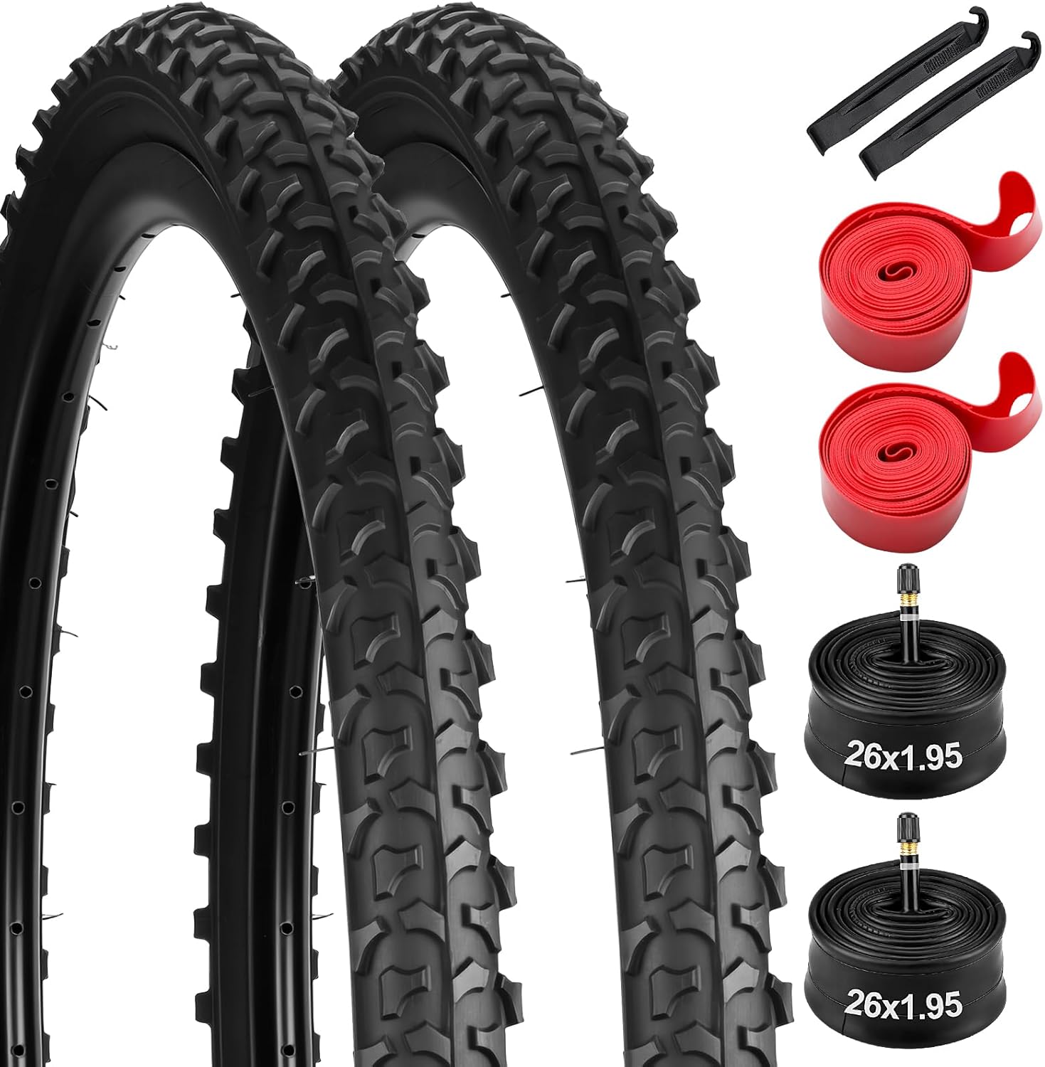 26 x1.95 Mountain Bike Replacement Tire,26 x1.95 inch Premium Butyl Rubber Puncture-Resistant Folding Bicycle Tire Compatible with Beach Cruiser and MTB Off-Road Bike,2 Tire Levers,2 Rim Strips