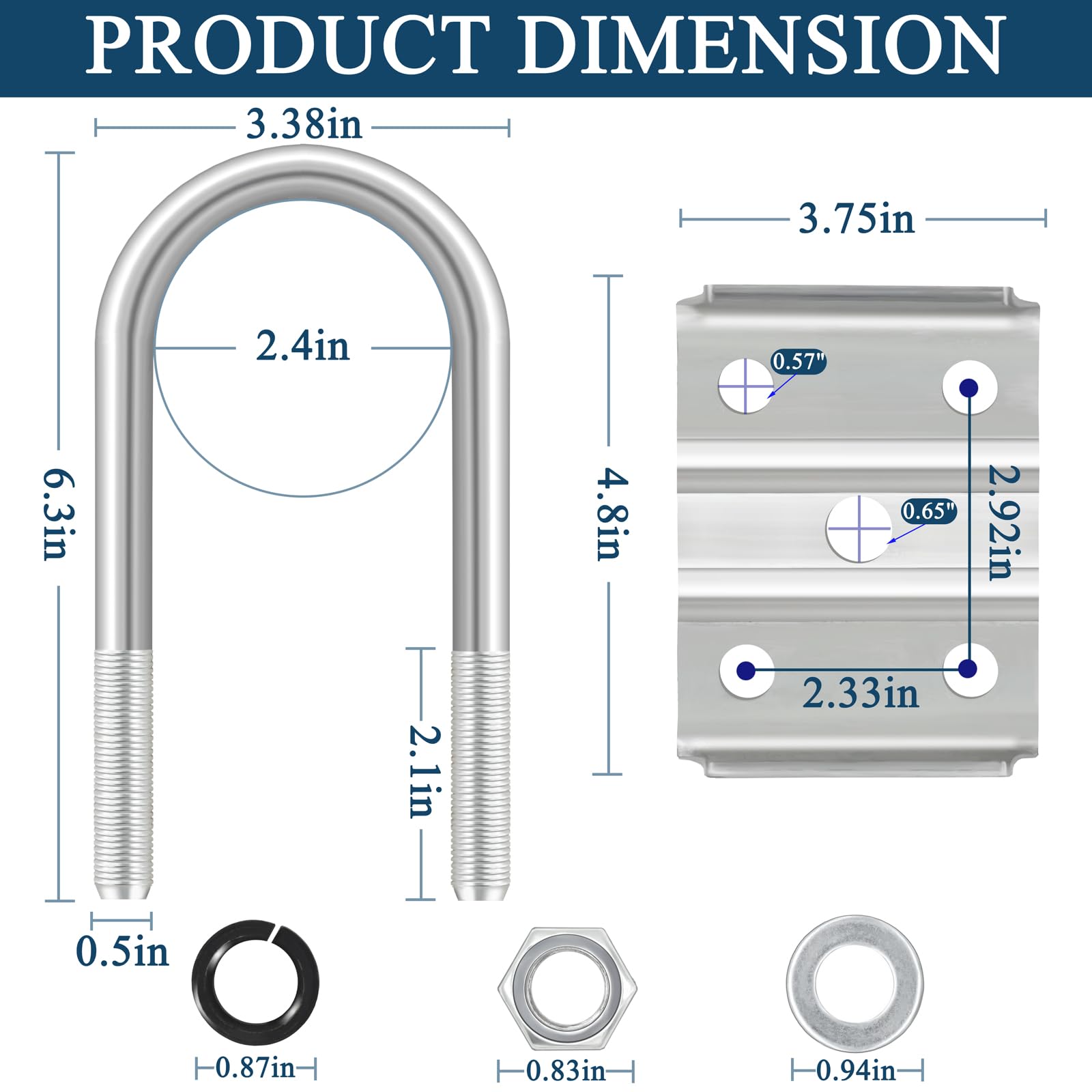 Kit di bulloni a U per rimorchio da 1,6 kg, asse rotondo da 2-3/8", kit di bulloni a U per asse di ricambio con piastre di fissaggio, dadi esagonali, rondelle a vite rondelle piatte