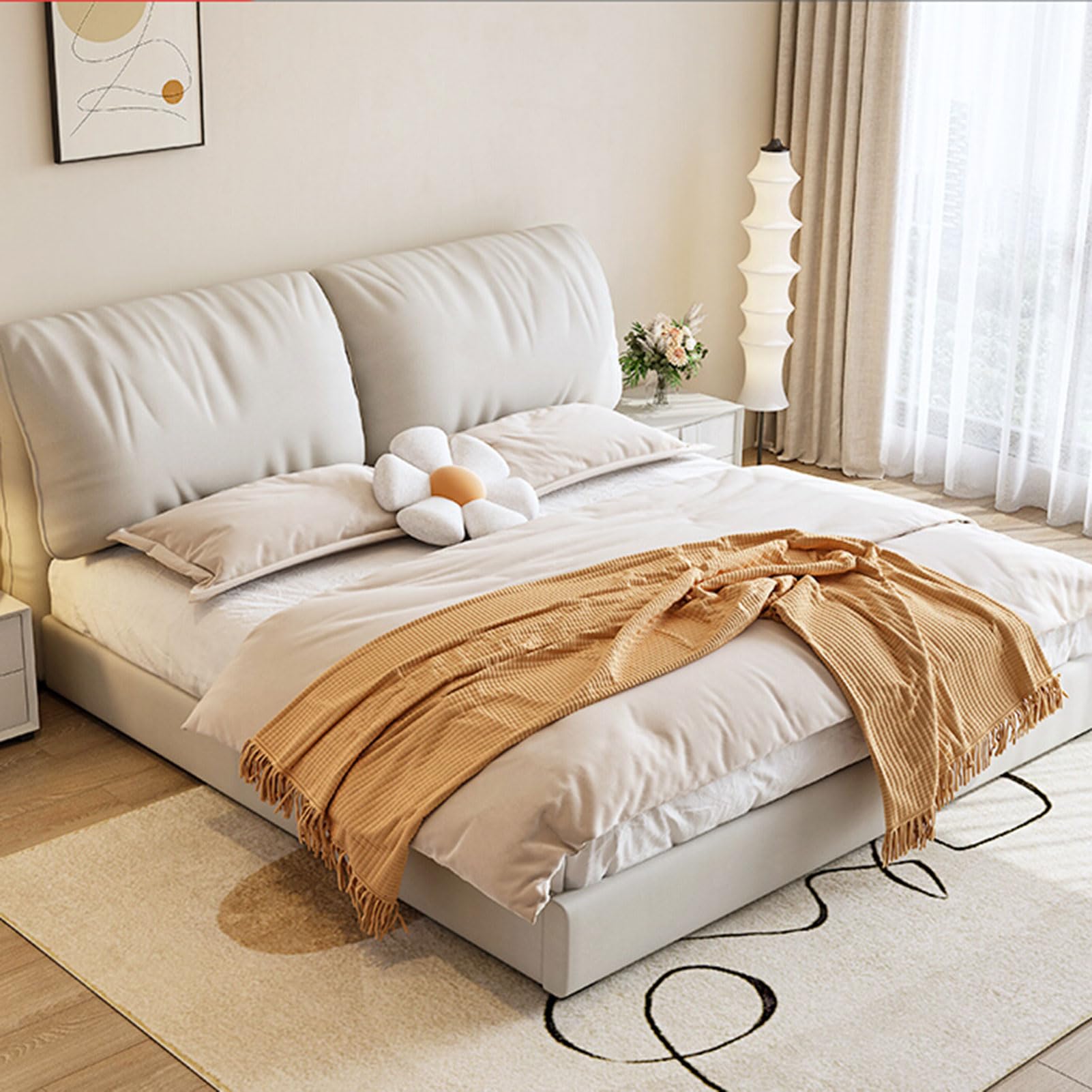 Modern Leather Queen Size Platform Bed King Size Upholstered Platform Bed Frame with 6 Storage Drawers Noise-Free