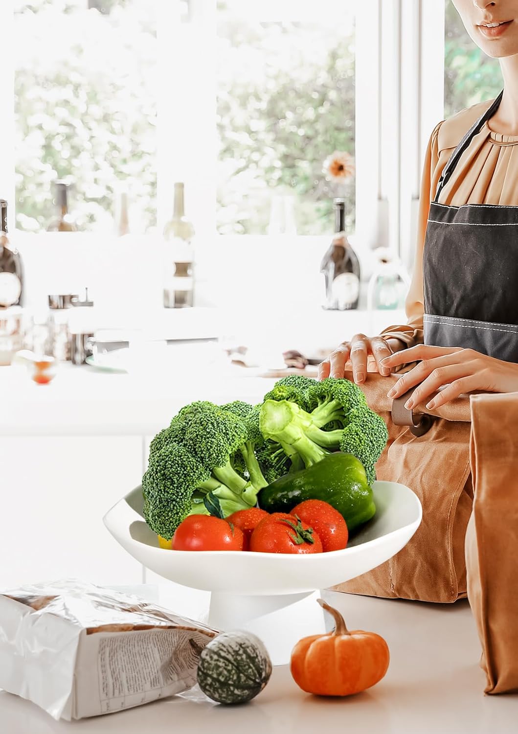 Nucookery Ceramic Fruit Bowl for Kitchen Counter, Modern Fruit and Bread Basket Stand,10 inch Large Decorative Bowl for Home Kitchen Decor, Fruit & Vegetables Holder Storage, Matte White - Image 6