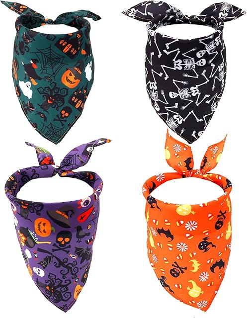 4pcs Halloween Dog Bandannas, Pet Triangle Scarf Pumpkins Spider Triangle Dog Scarf Washable Breathable Pet Neckerchief for Big Small Medium Large Dog and Cats