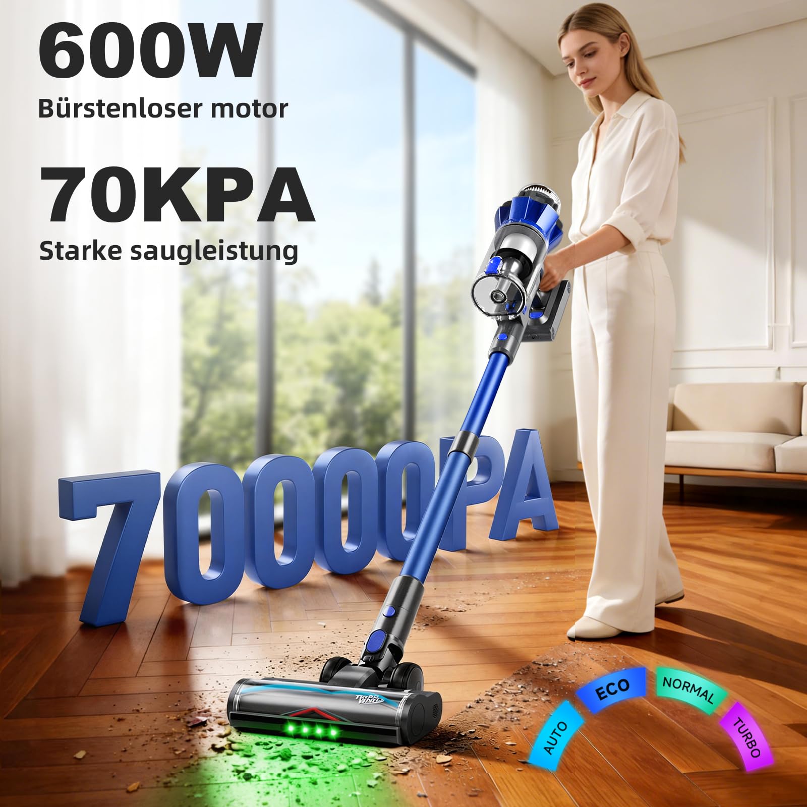 Hearten Akku Staubsauger 70000 Pa/600 W/65 Min. 4 Stufen, Schmutzsensor. 1,8 L Staubsauger Kabellos mit Schlauch, Farbdisplay, Anti-Haare-Bürste, 8-Stufen-Filter, für Tierhaare/Teppiche/Hartböden