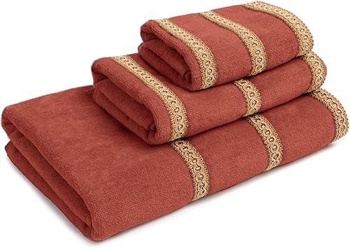 Miniatura 2 de Sherry Kline Triple Row Gimp Juego de toallas decorativas de 3 piezas, elegante y duradero, coral, baño de 25 x 48 pulgadas, mano 16 x 28 pulgadas,