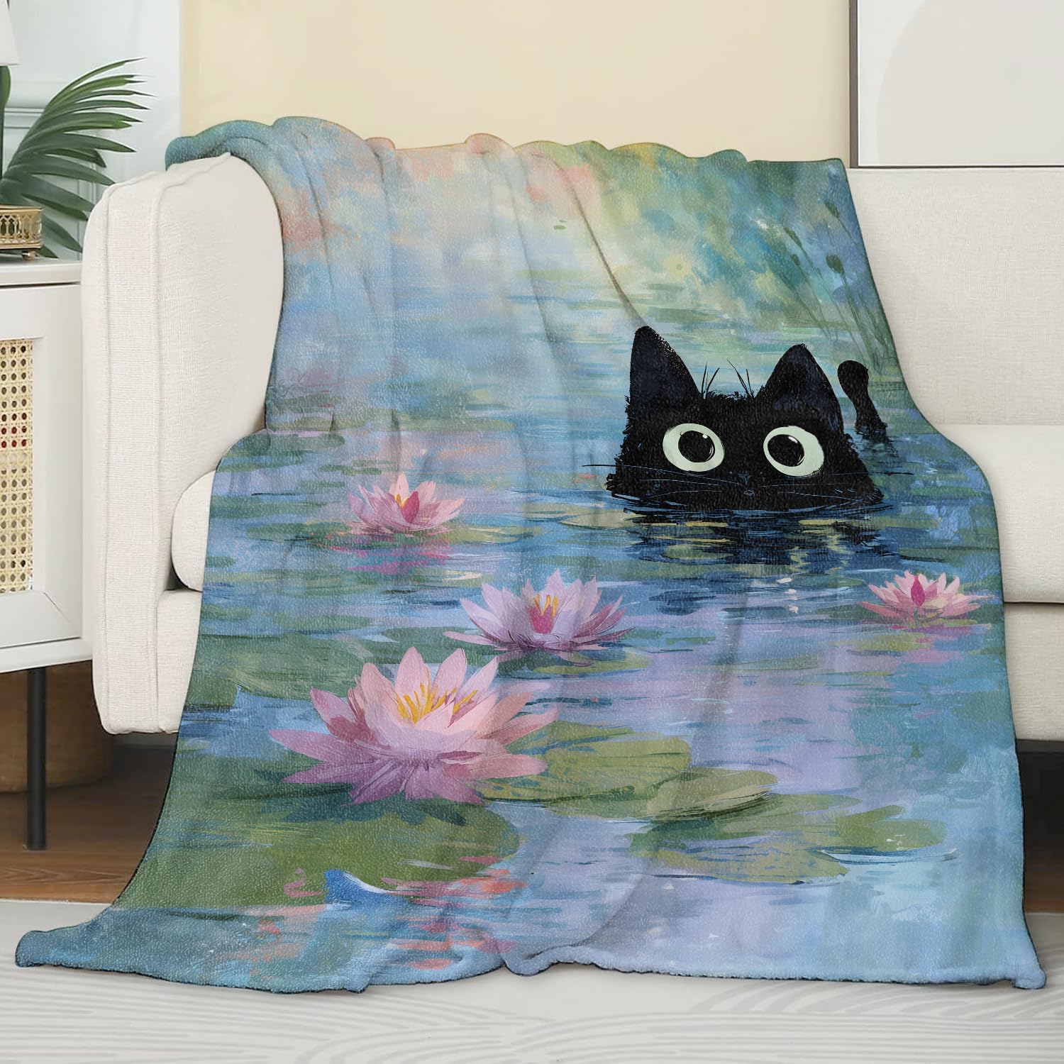 Cute Cat Flannel Blanket, Soft Cozy Throw with Kitten and Lily Pond, Lightweight Blankets for All Seasons, Oil Painting Dreamy Floral Home Sofa Bed Decor and Gifts for Women Girls, 50x60 Inch