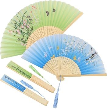 2 Pack Bamboo Silk Folding Fan, Chinese Vintage Retro Fabric Fans, Small Folding Hand Fan for Performance, Dance, Fighting, Wedding, Church, Party & GiftGreen & Blue