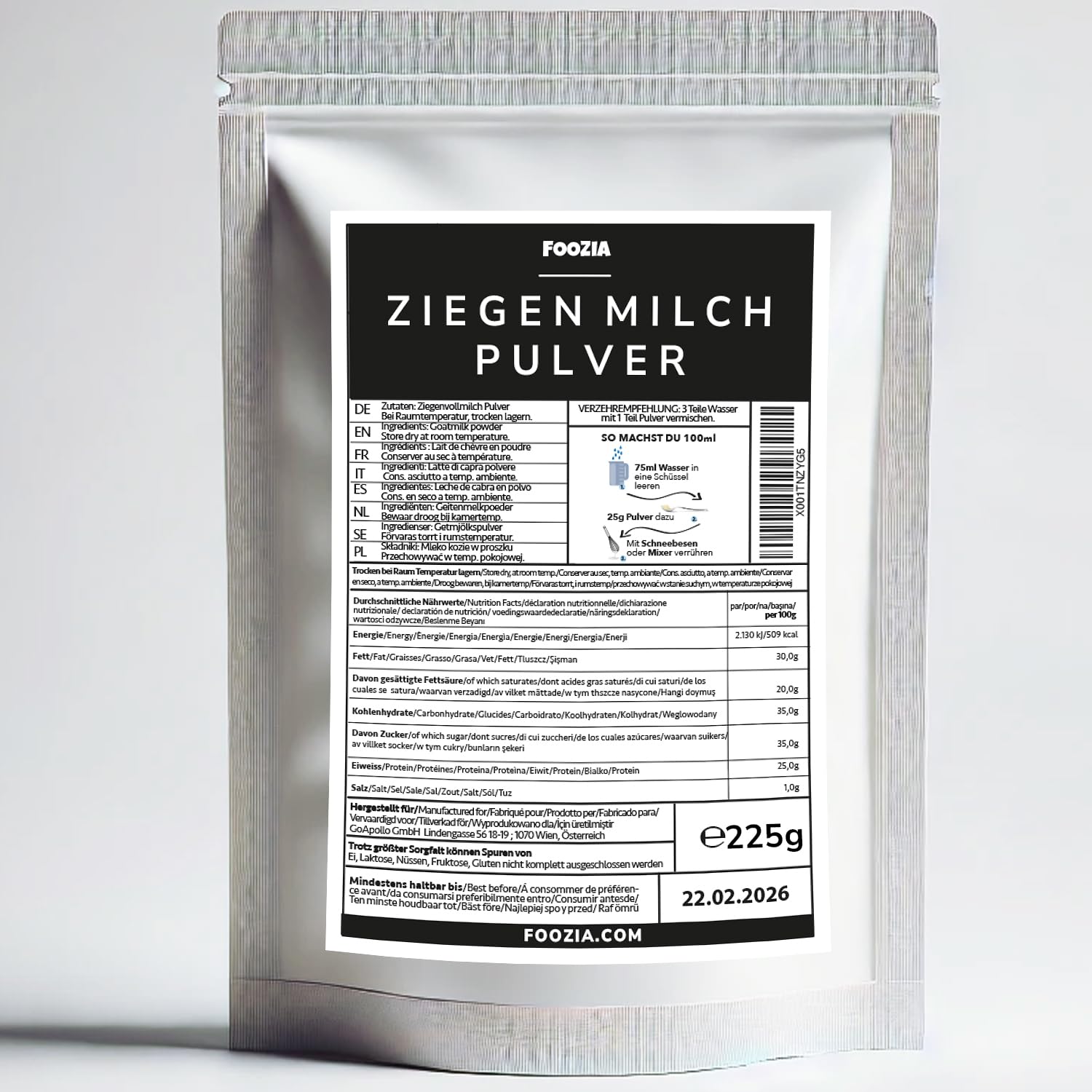 Foozia Ziegenmilchpulver Reine Ziegenmilch Getrocknet Ohne Zusätze Für Mensch, Katzen & Hunde 225g
