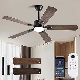 56inch Ceiling Fans with Lights and Remote/App Control, DC Reversible Motor, Noiseless, Dimmable, Low Profile Modern Ceiling Fan for Bedroom Indoor/Outdoor Use（Brown）