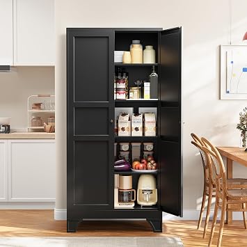Black Tall Pantry Cabinet Kitchen Metal Garage Storage Cabinet Cupboard 75"