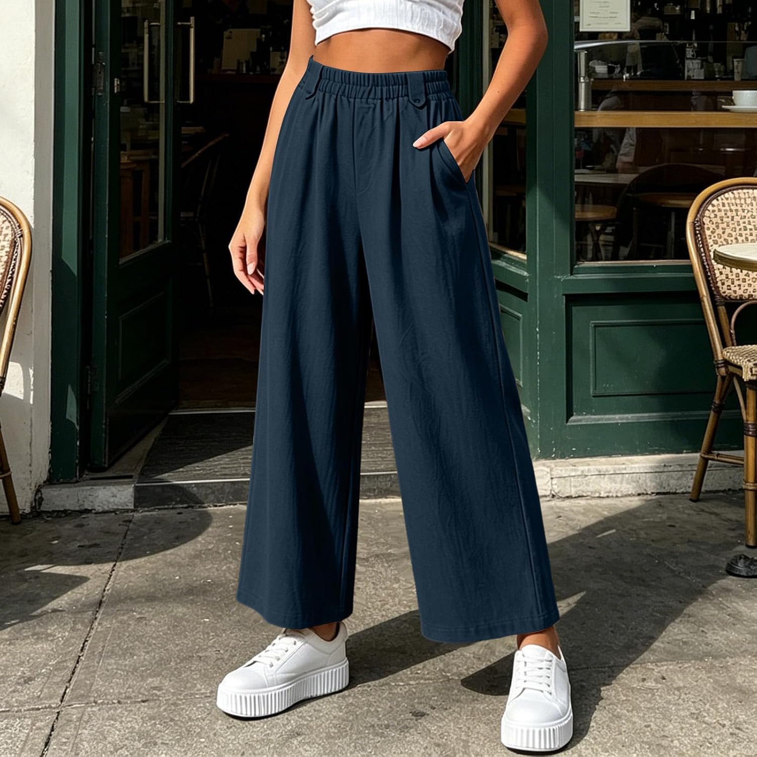 Women's Wide Leg Flowy Pants Summer Boho Beach Palazzo Pant Casual Loose Travel Vacation Trousers with Pockets