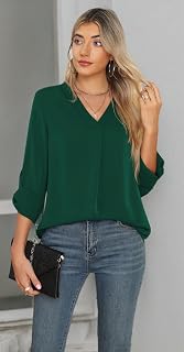 3/4 Sleeve Blouses for Women Business Casual Elegant Chiffon V Neck Blouses Tops