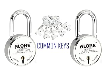 Alone Round Padlock 65mm 5 Keys Same with 2 Locks, Hard Shackle Double Locking | Padlocks for Home Door Gate Shop Shutter, Chrome Finish Rust Free. (5 Same Keys Round 65mm Pack of 2)