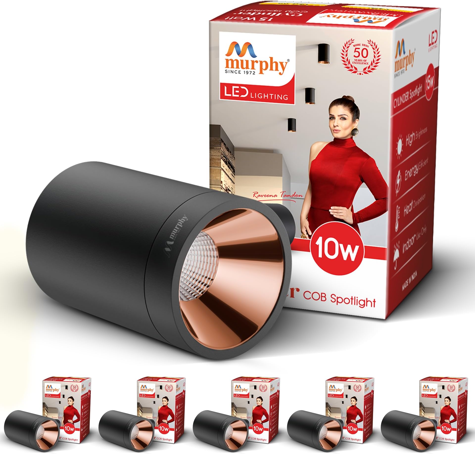 Murphy 10W Black Body Cylindrical Surface Mounted Spot Light Down Light (Warm White, Pack of 6)(Aluminium)