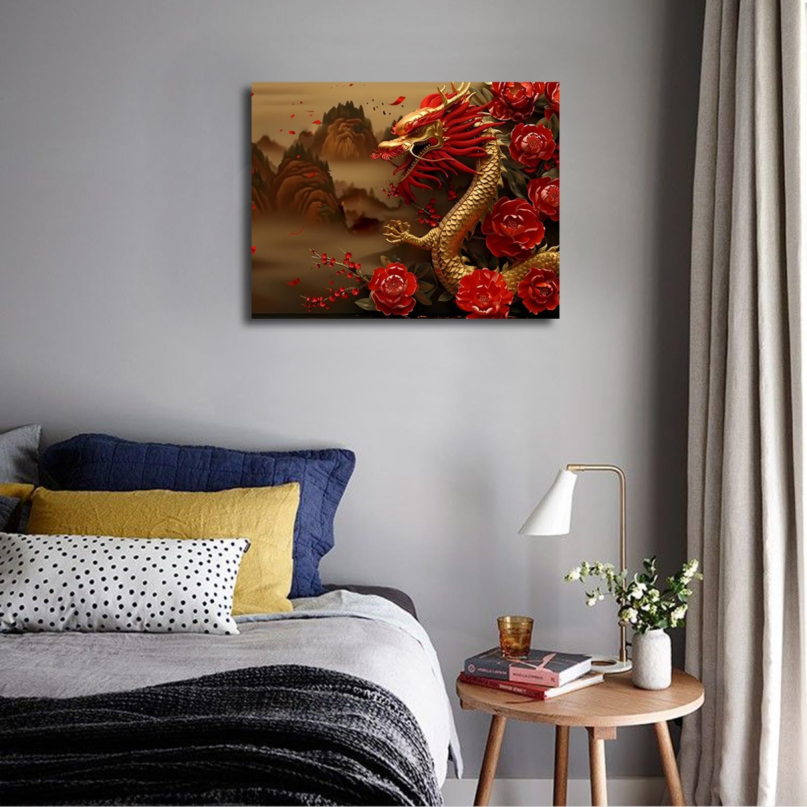 UIRINGART Pivoine rouge peinture sur toile impression dragon chinois motif affiches Art mural décor pour chambre salon salle à manger couloir bureau 60x80cm Cadre intérieur