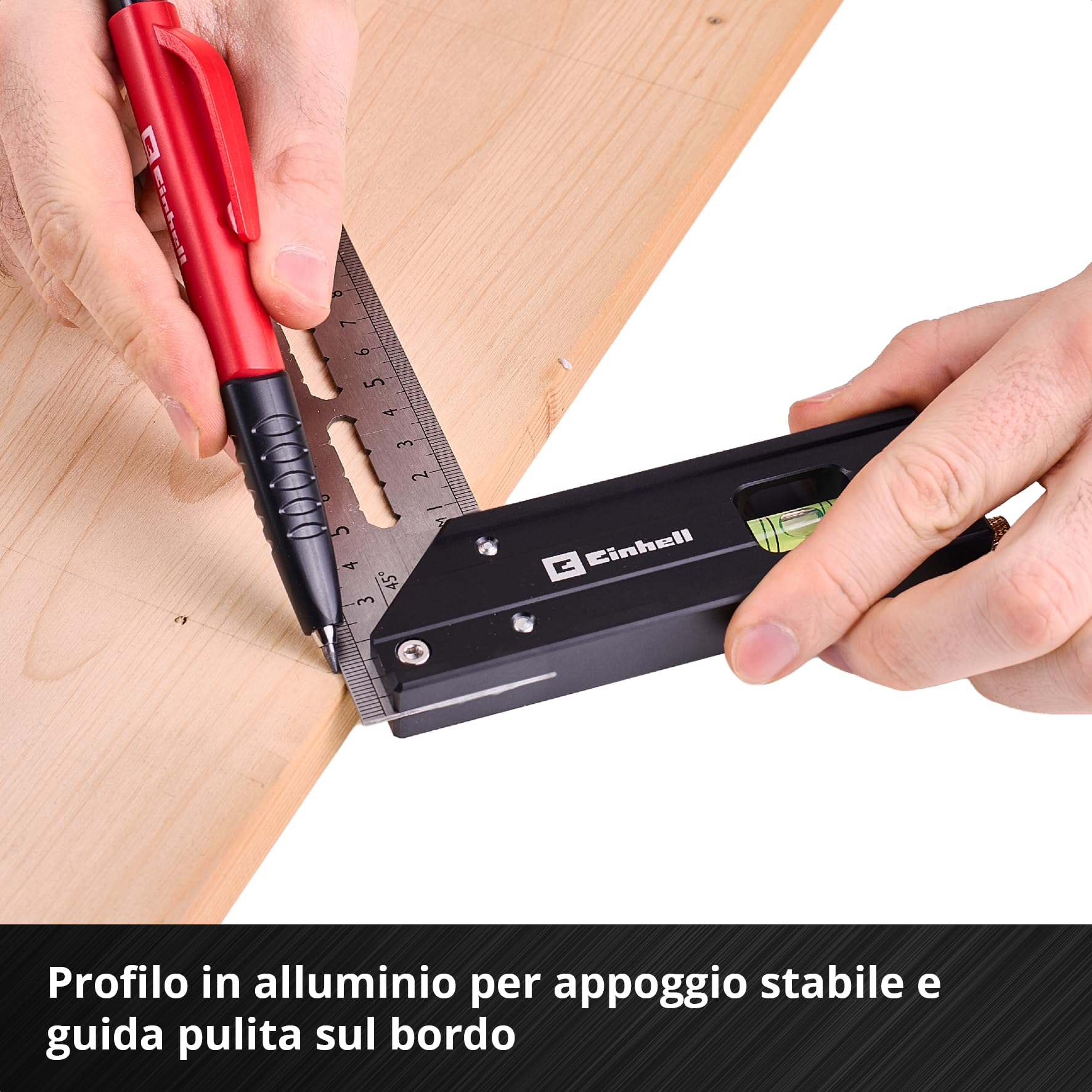 Einhell 2 pezzi set di squadre di battuta, 200/400 mm | Angoli 90° / 45° | scale mm / pollici | fiala | truschino | aperture tracciatura | profilo alluminio | matita meccanica