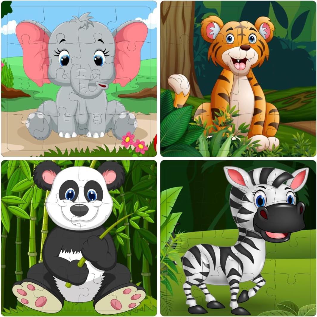 Fiddlys Fiddly's 16-Piece Wooden Jigsaw Puzzles for Kids Ages 3+, Double Layered Wooden Puzzles with Bright Front & Back Print (Animals Pack of 4)
