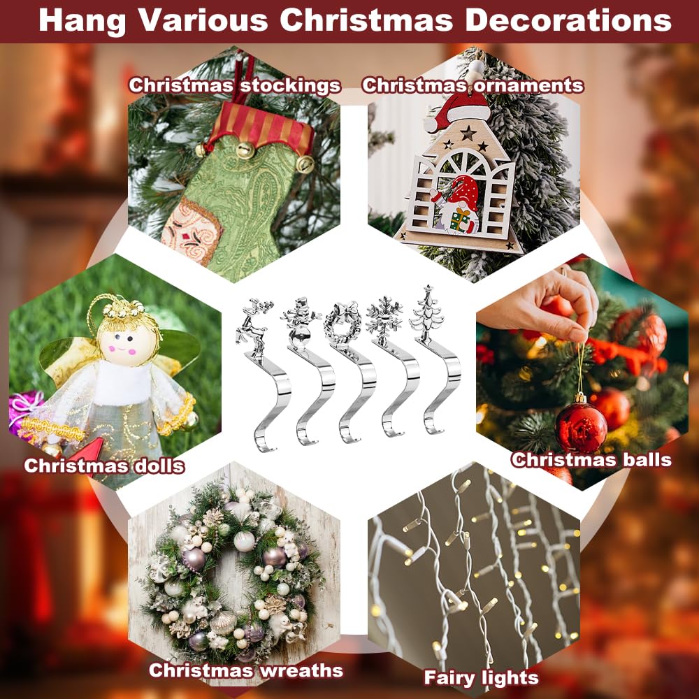 NAROSEBE 5 Ganci Calze Camino Supporto per Calza di Natale Robusti Antiscivolo Porta Calze di Natale Argentato per la Festa di Natale Decorazione del Camino