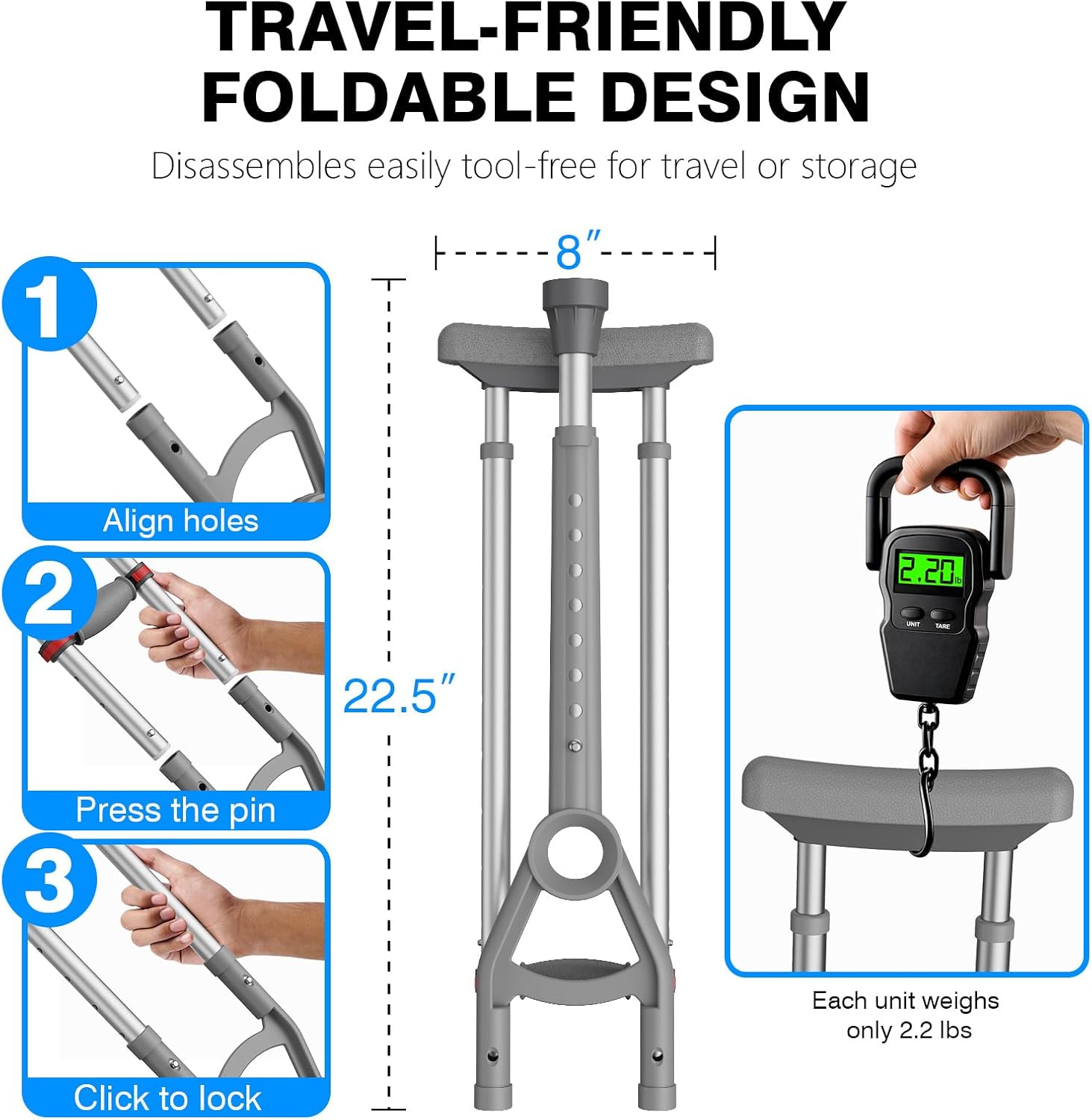 Adjustable Crutches with Padded Grips Height Adjustable Mobility Aid, Aluminum Underarm Support 330LB Adjustable Height 38.2-61.8 in Non-Slip Tips, Tool-Free Setup One Pair