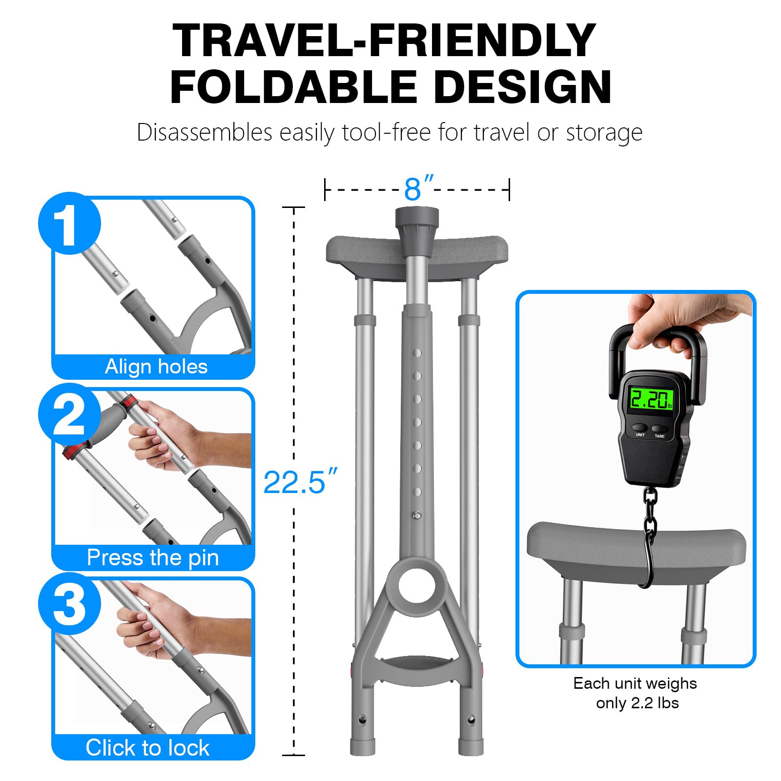 Adjustable Crutches with Padded Grips Height Adjustable Mobility Aid, Aluminum Underarm Support 330LB Adjustable Height 38.2-61.8 in Non-Slip Tips, Tool-Free Setup One Pair — Amazon image 5